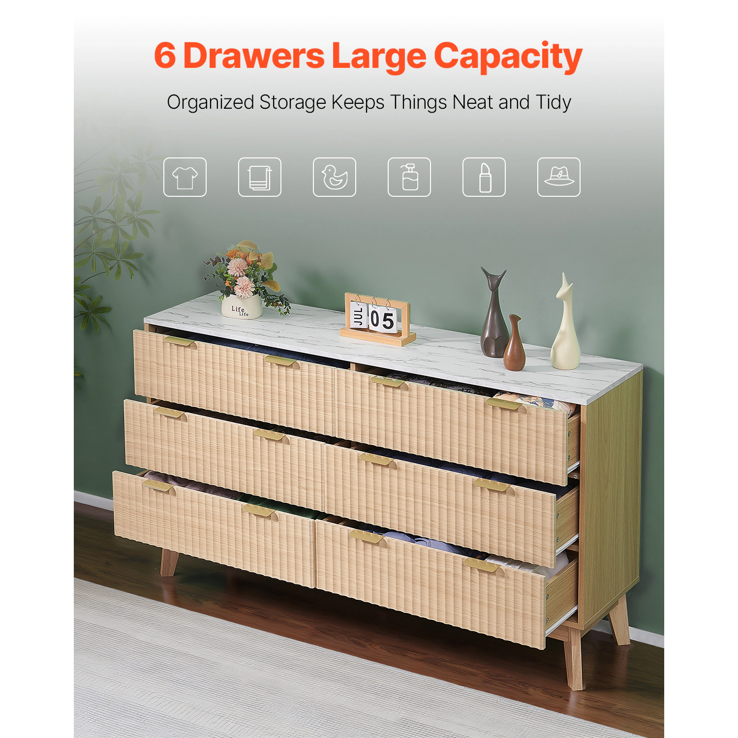 HONGGE Fluted Wooden Chest of Drawers with Sliding & Anti-tip Device