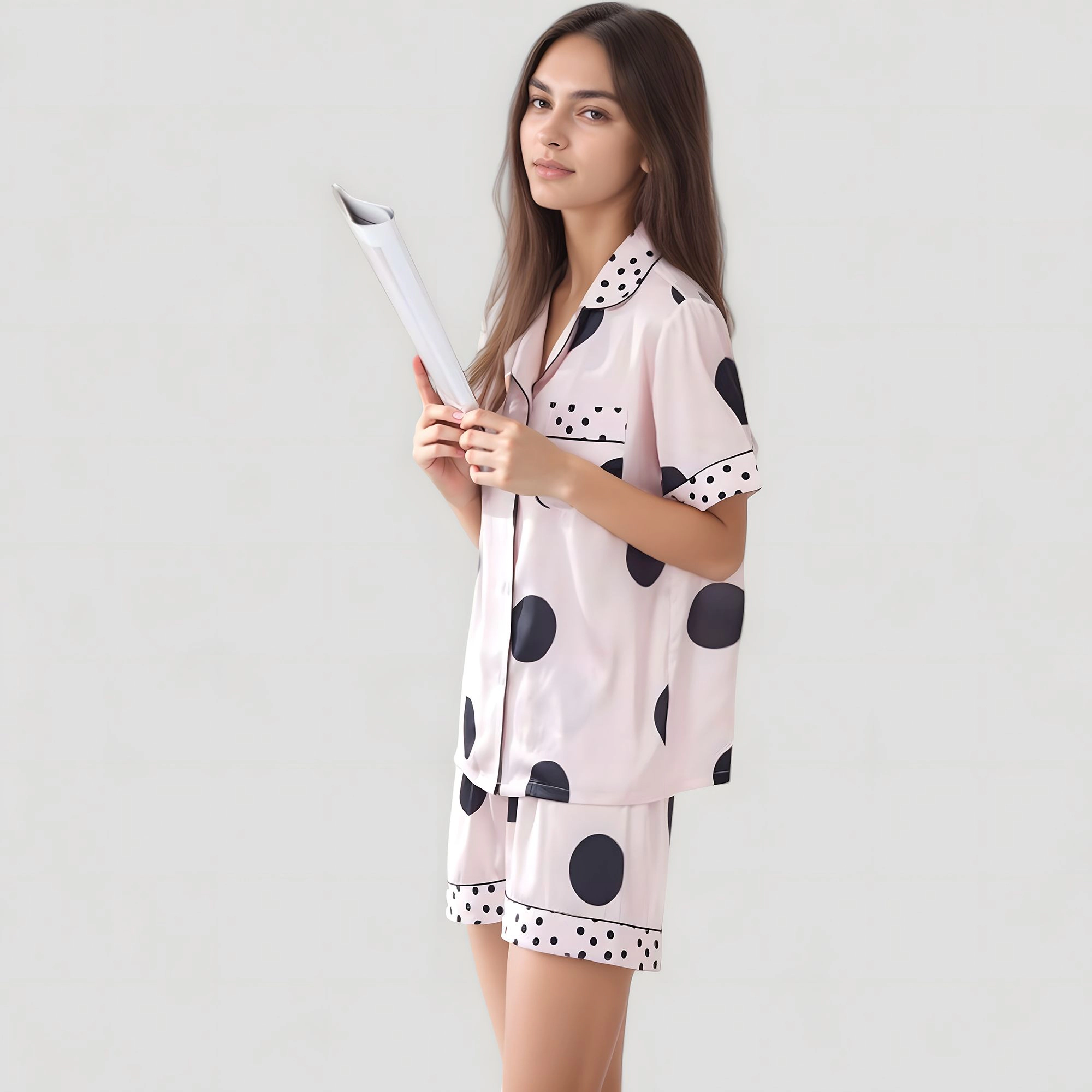 Anna-Kaci Women's Satin Polka Dot Short Sleeve Pajama Set with Button Down Top and Contrast Trim Details