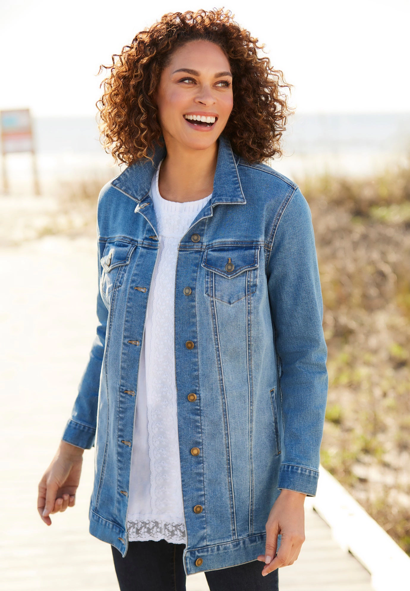Woman Within Plus Long Stretch Denim Jean Jacket