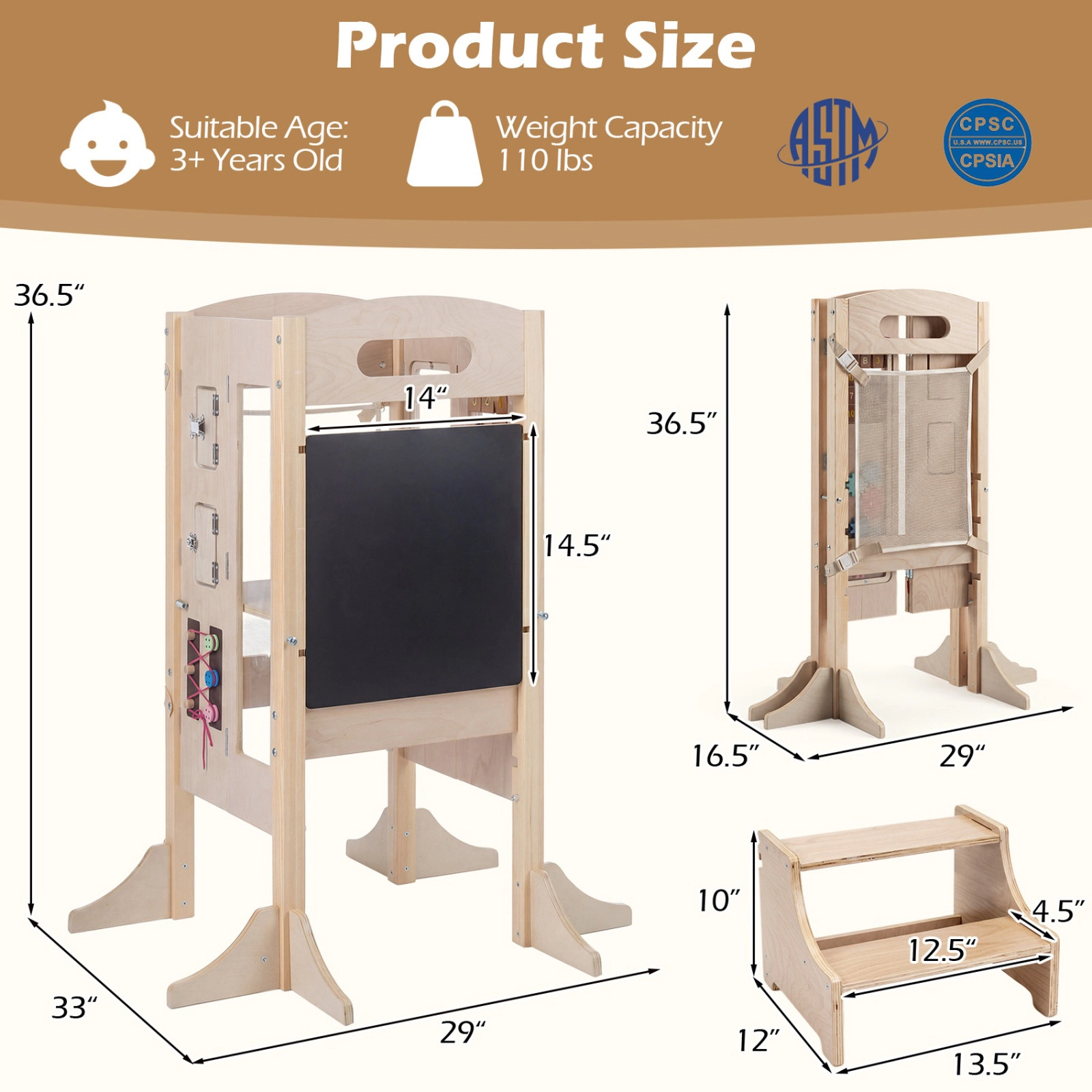 SUGIFT 3-in-1 Foldable Wooden Toddler Standing Tower with 2-Step Stool 110-lb Capacity Ages 3+ Natural