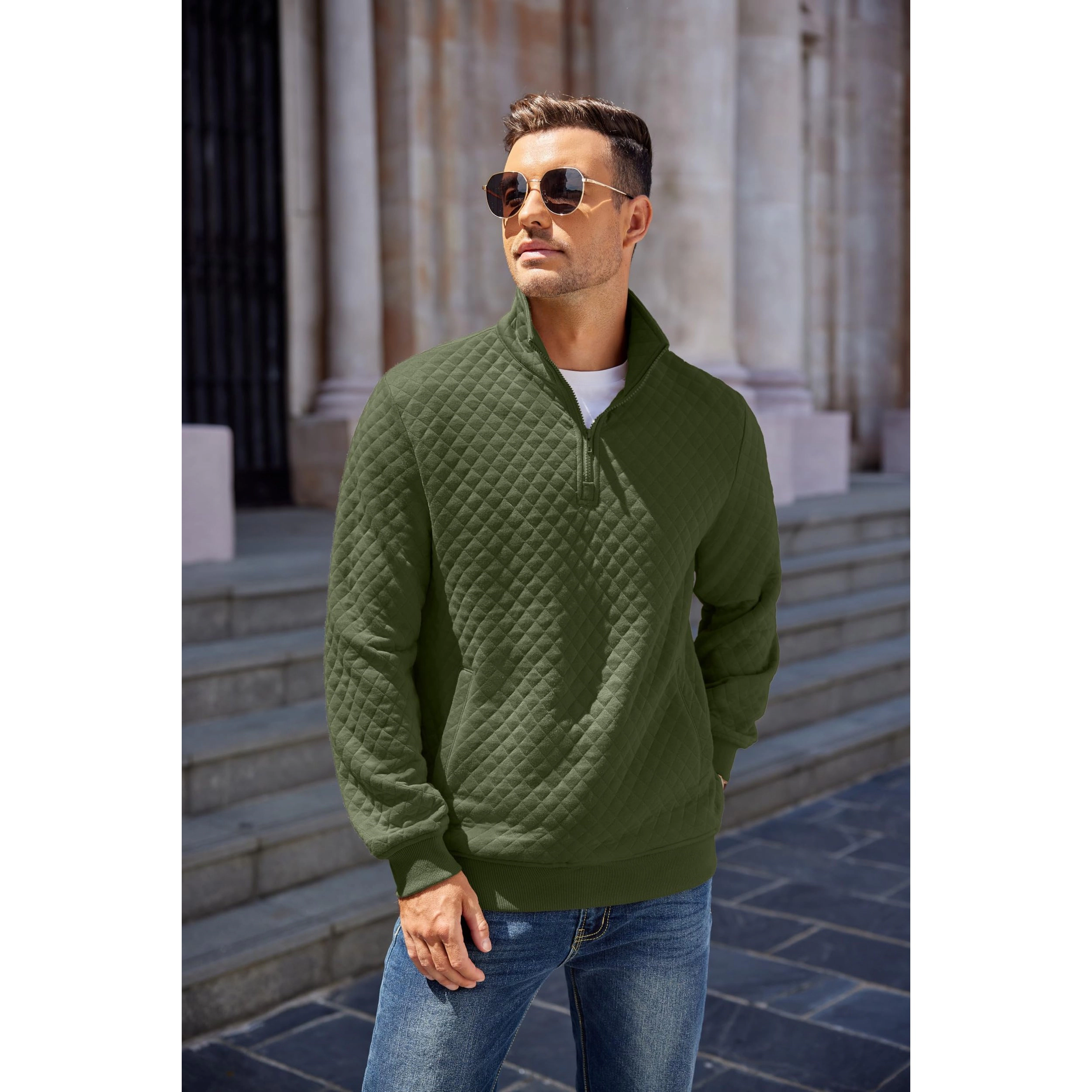COOFANDY Men's Regular Fit Quilted Quarter Zip Pullover Sweater