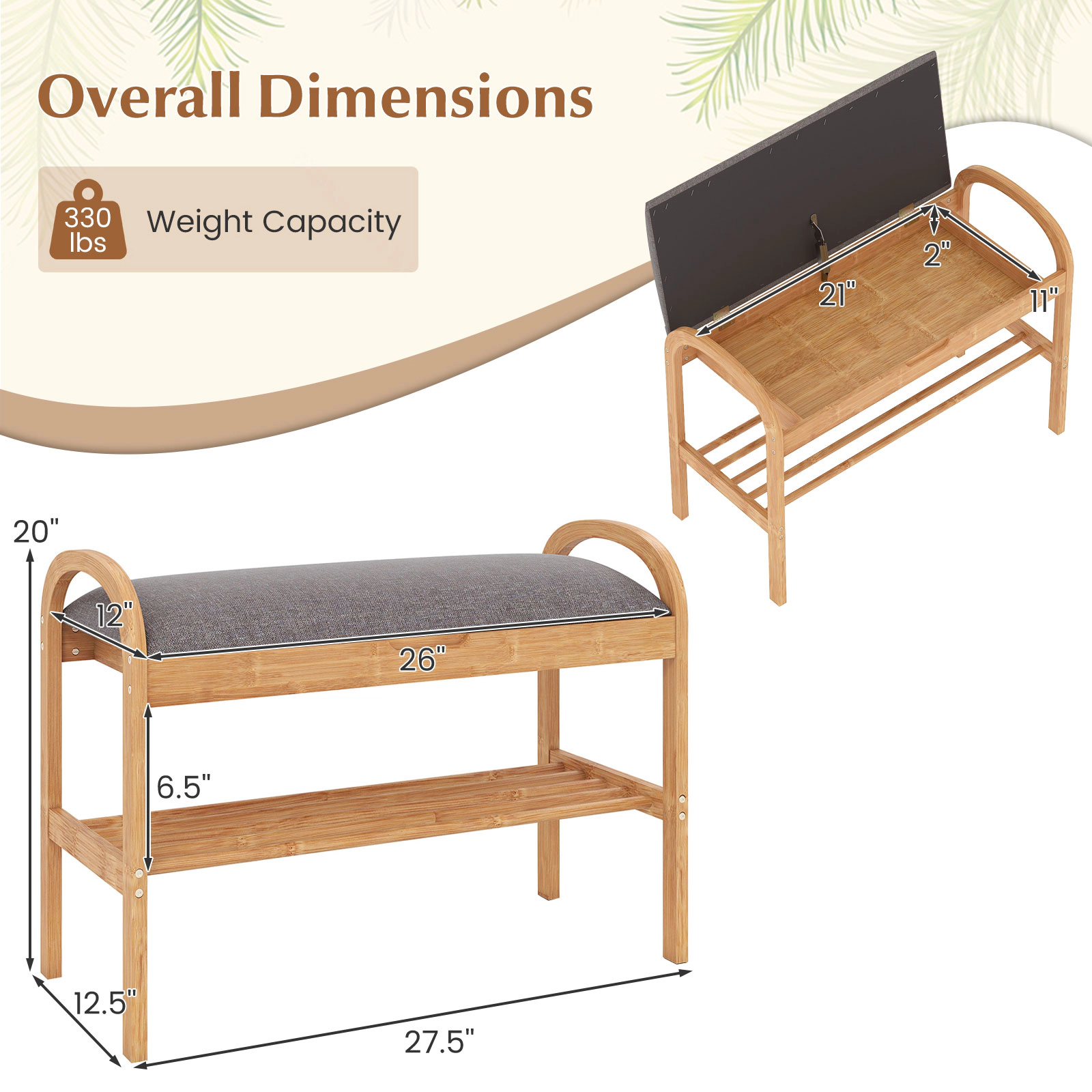 SUGIFT 2-Tier Bamboo Shoe Bench with Hidden Storage Compartment and Padded Cushion 330-lb Capacity Natural & Gray