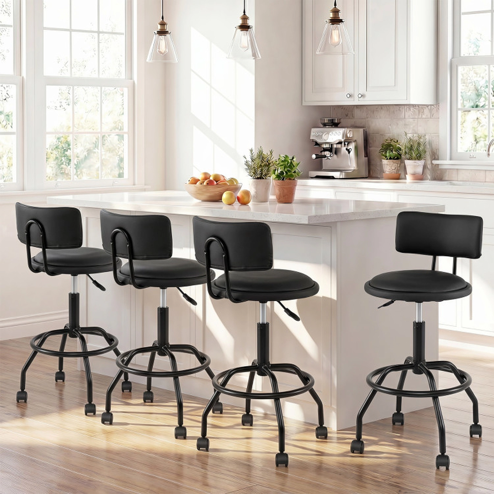 SUGIFT Set of 4 Black Adjustable Swivel Bar Stools, 26-30.5 in Seat Height