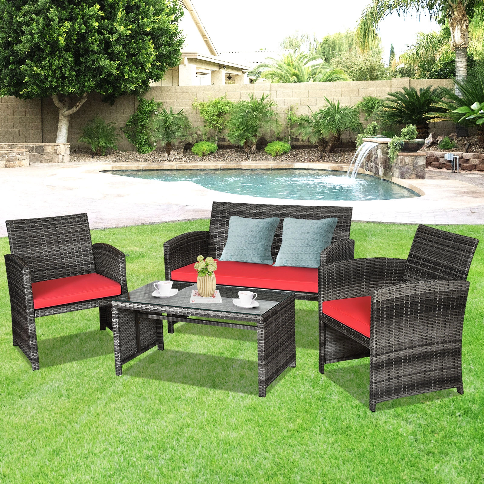 SUGIFT Loveseat 2 Chairs and Glass Table 4-Piece Patio Rattan Conversation Set