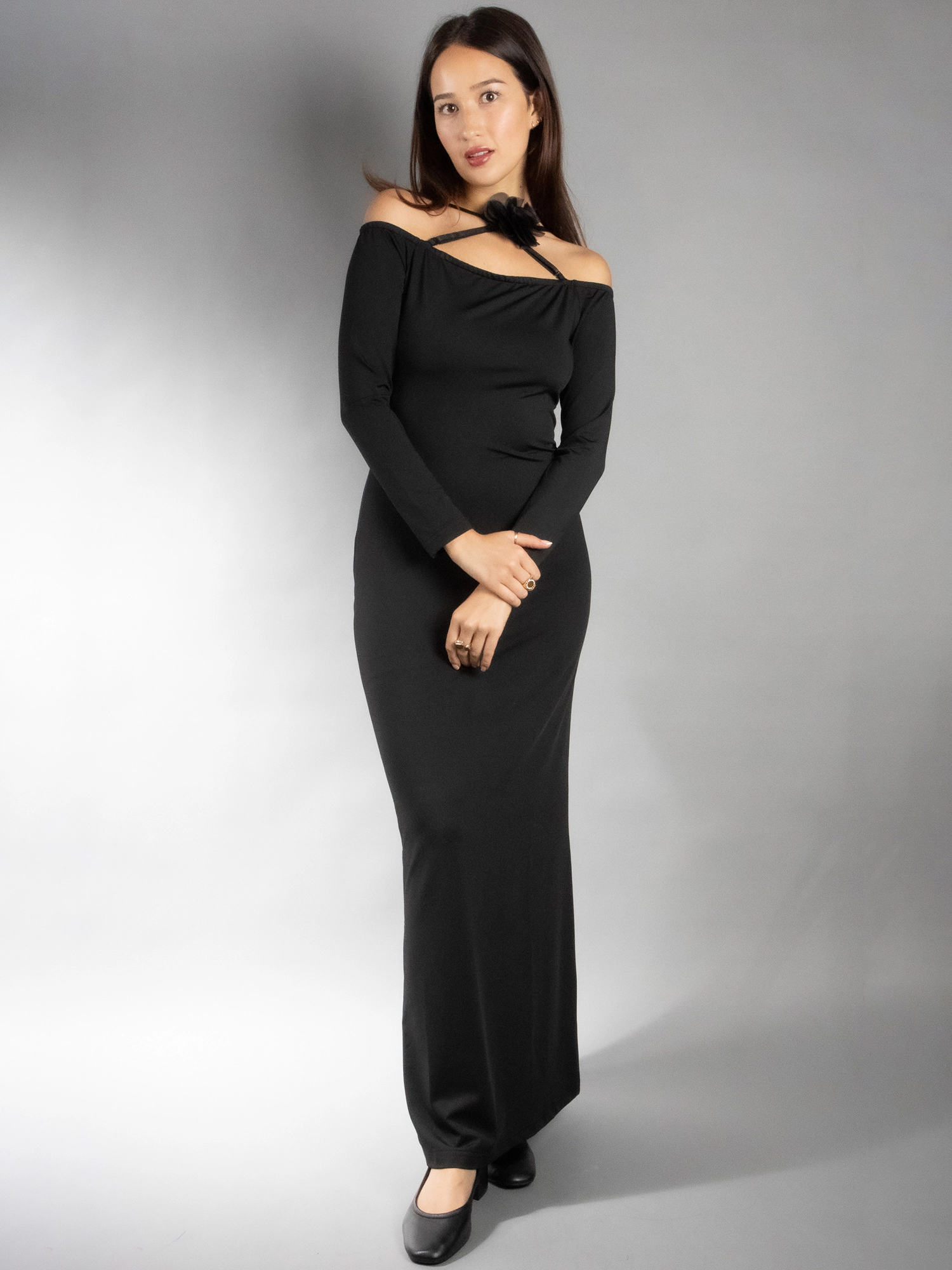 JESS by Meiko Women's Flower Embellishment Bodycon Off Shoulder Maxi Dress