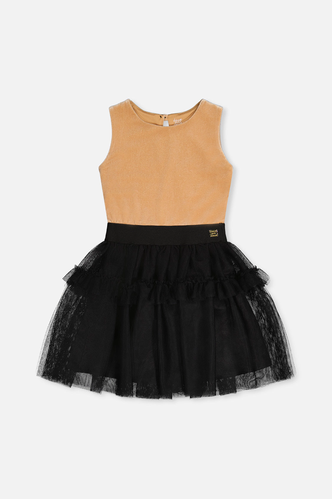 Deux par Deux Girls Bi-Material Sleeveless Tiered Mesh Ruffle Dress