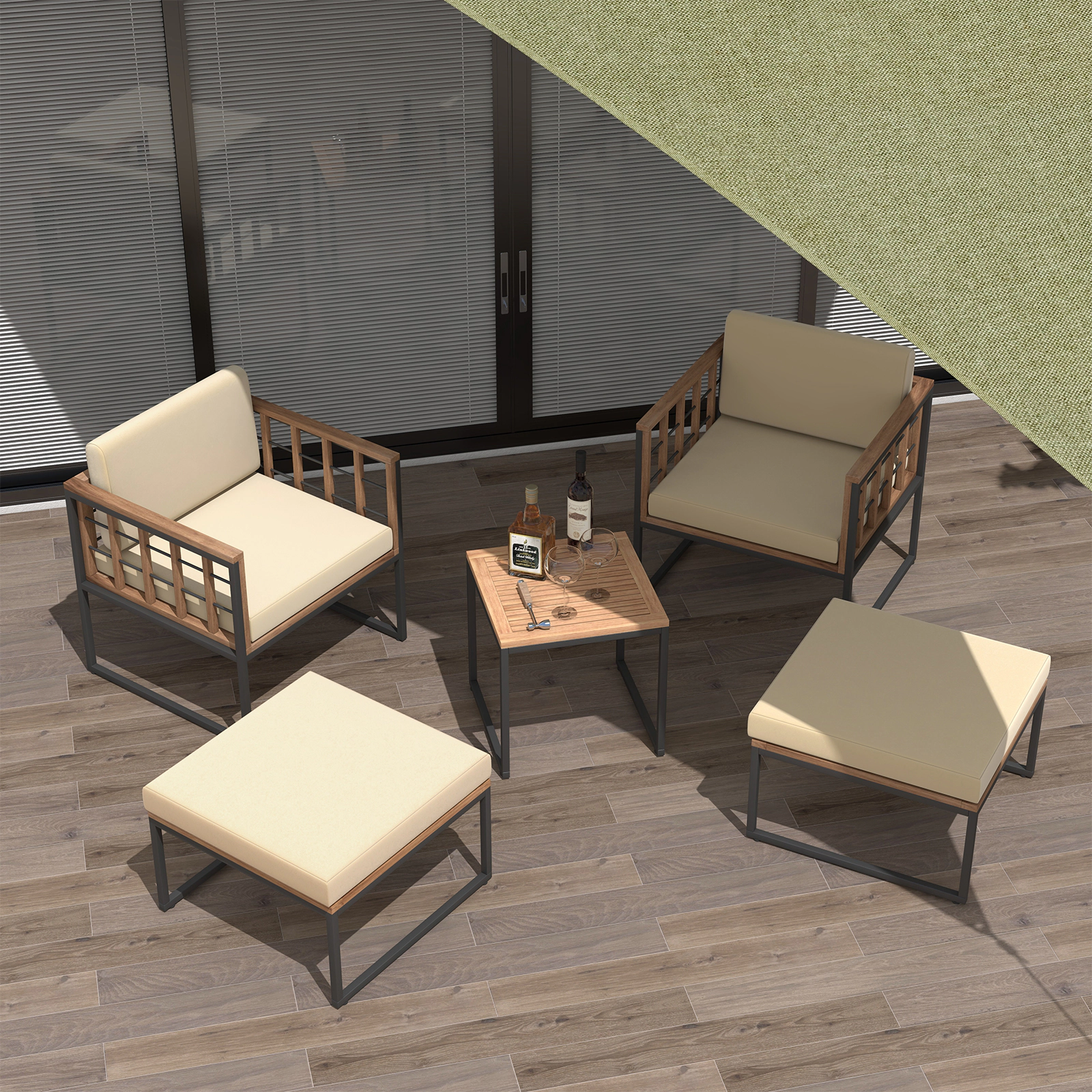 LJG 5 Piece Outdoor Furniture Set Acacia Wood Chair Set with Ottomans and Coffee Table