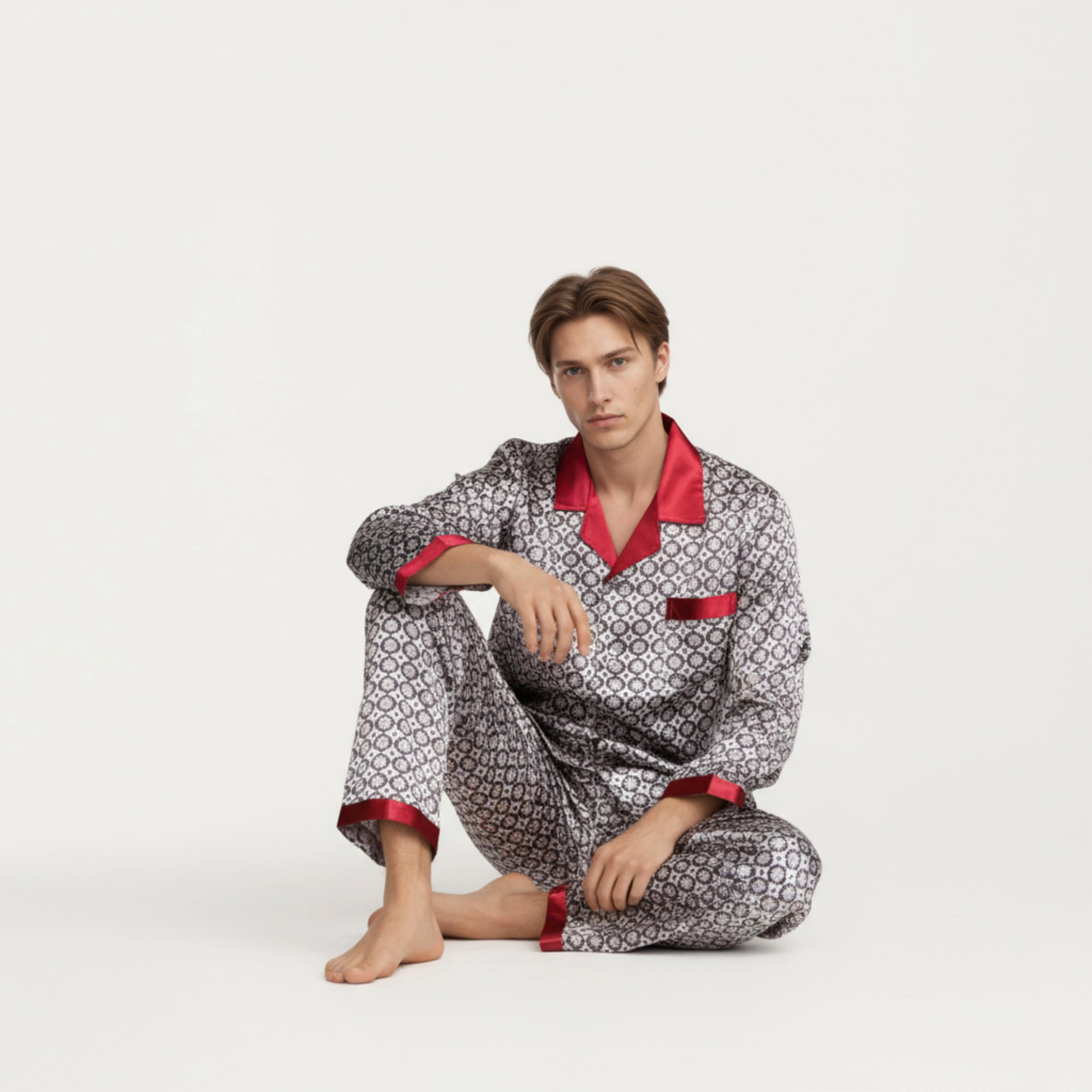 Anna-Kaci Men's 2-Piece Satin Pajamas with Geometric Print Contrast Collar and Button Up Top