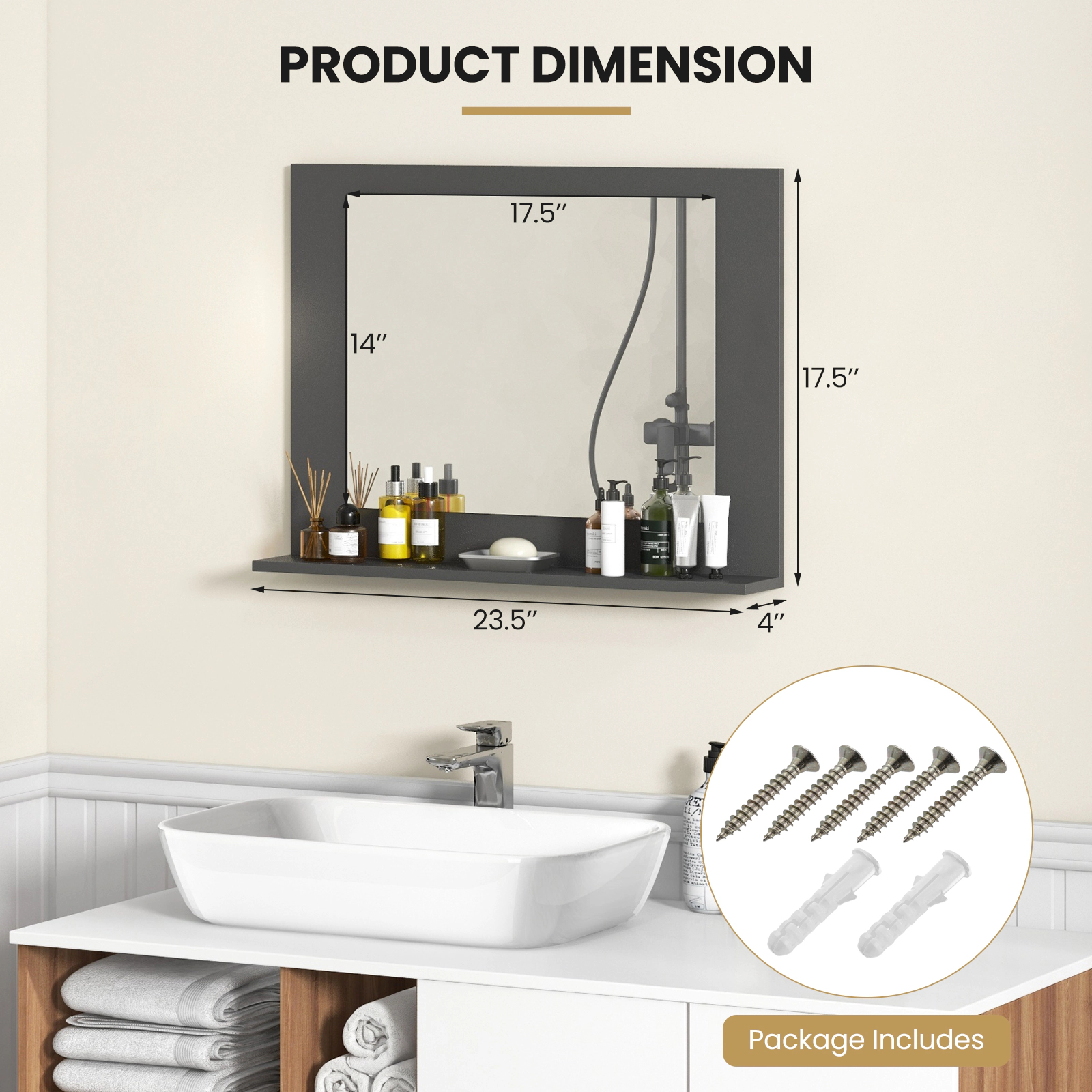 SUGIFT Rectangle Bathroom Mirror Gray 23.5 x 17.5 Inch with Wood Frame and Shelf