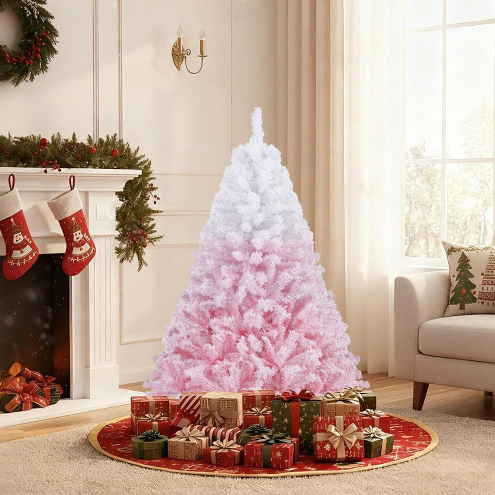 SUGIFT 5-ft Snow Flocked Gradient Hinged Artificial Christmas Tree 456 Tips 180 Warm White LEDs 16-in Stand Pink