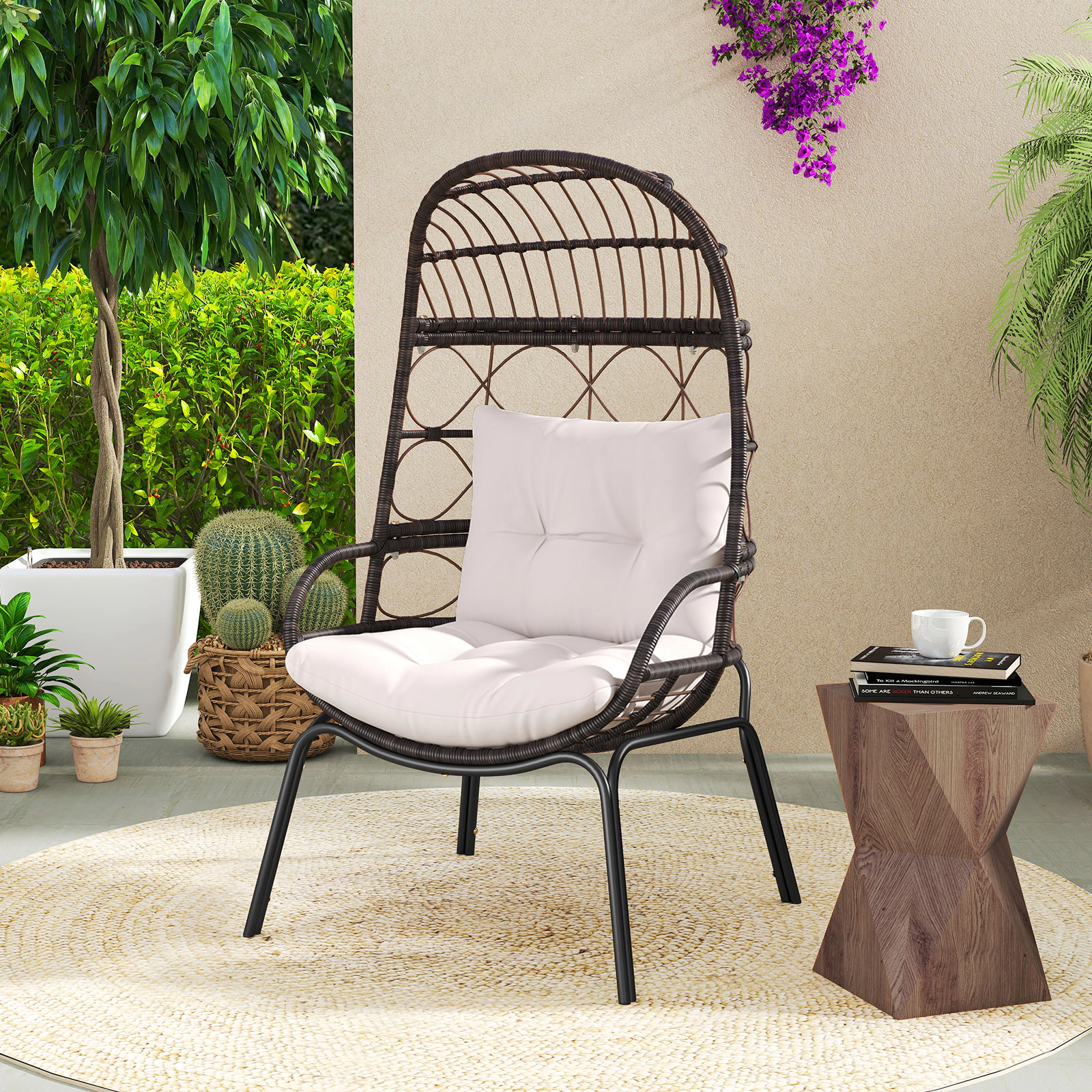 LJG Patio Wicker Egg Chair Outdoor Rattan Lounge Basket with Seat and Back Cushions