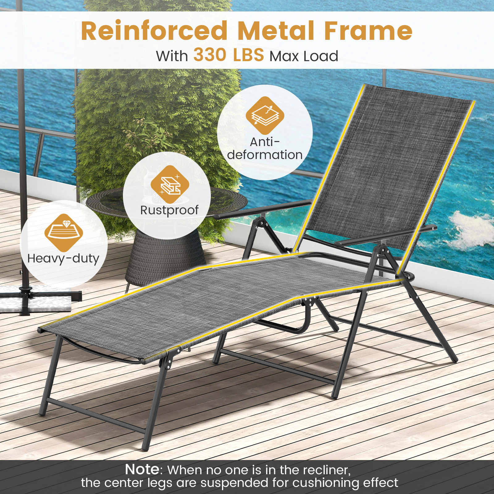 SUGIFT Gray 6-Level Backrest 2-Level Footrest 330-lb Set of 2 Folding Patio Chaise Lounge Recliners