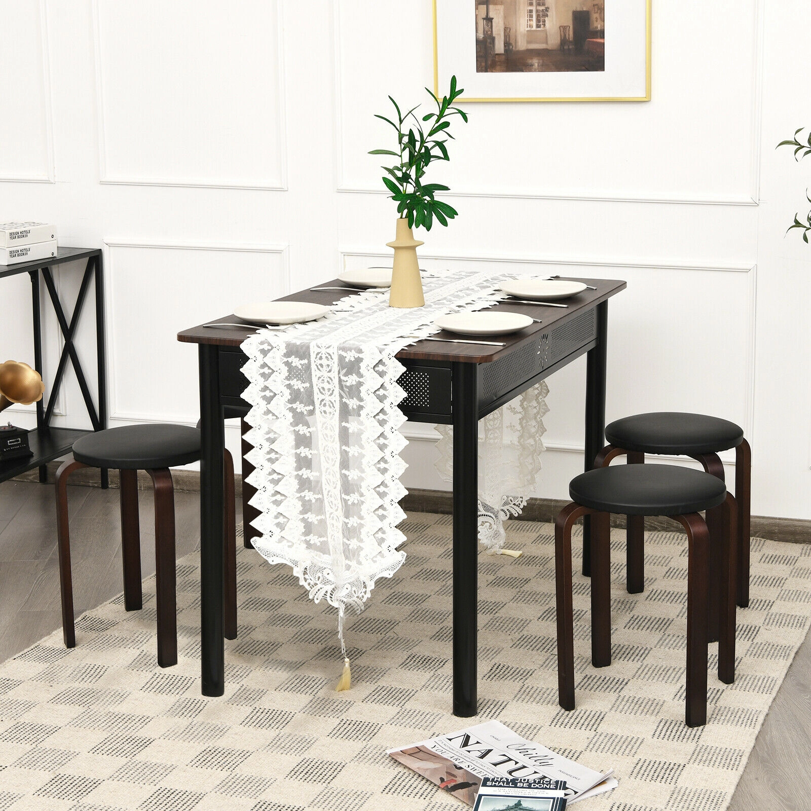 SUGIFT Stackable Bentwood Round Stool Dining Chairs 330-Lb Capacity with 12.5-in Padded Seat Black Beige