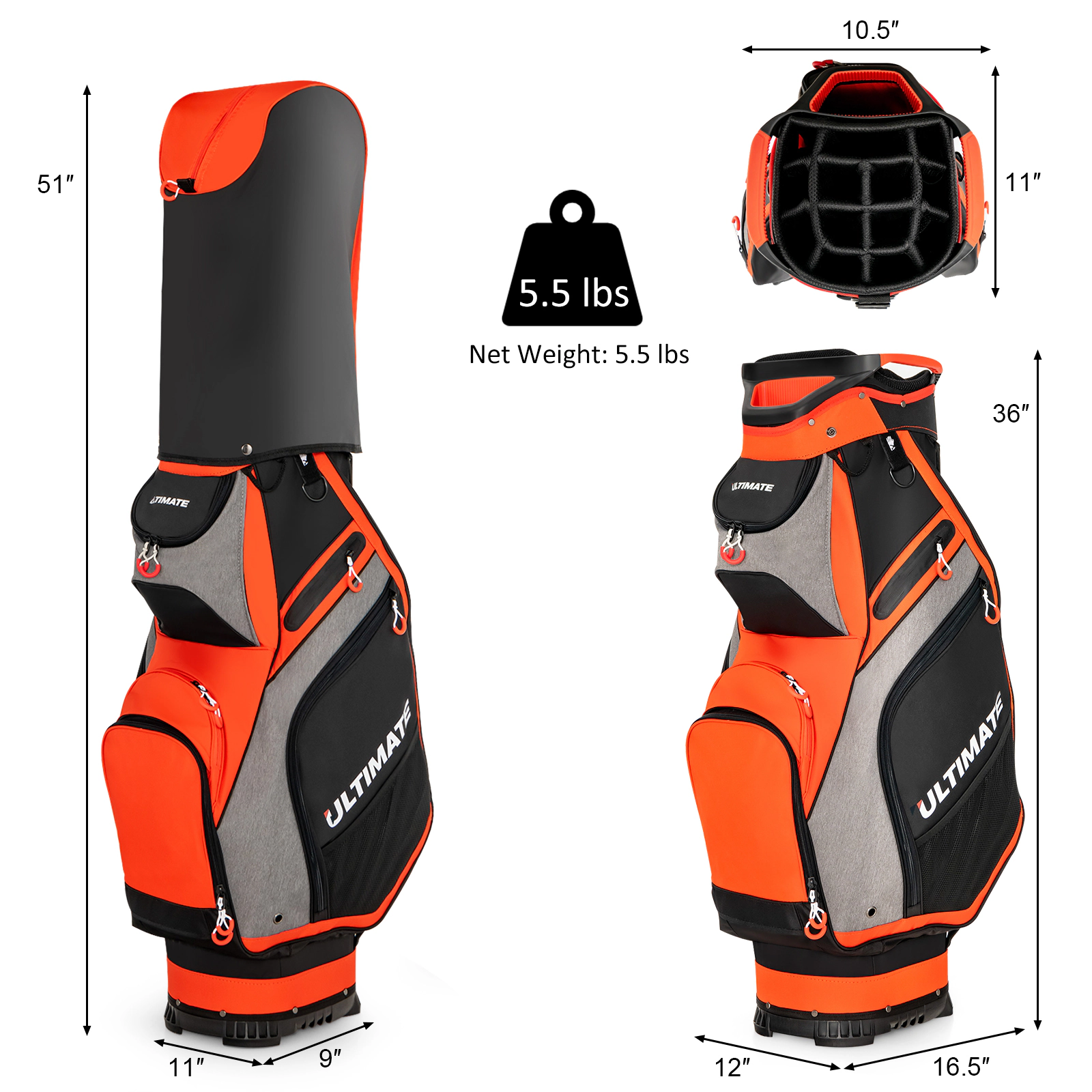 SUGIFT 10.5-in Top Golf Stand Bag with 14-Way Dividers 7 Zippered Pockets 5.5-lb Net Weight Orange/Navy