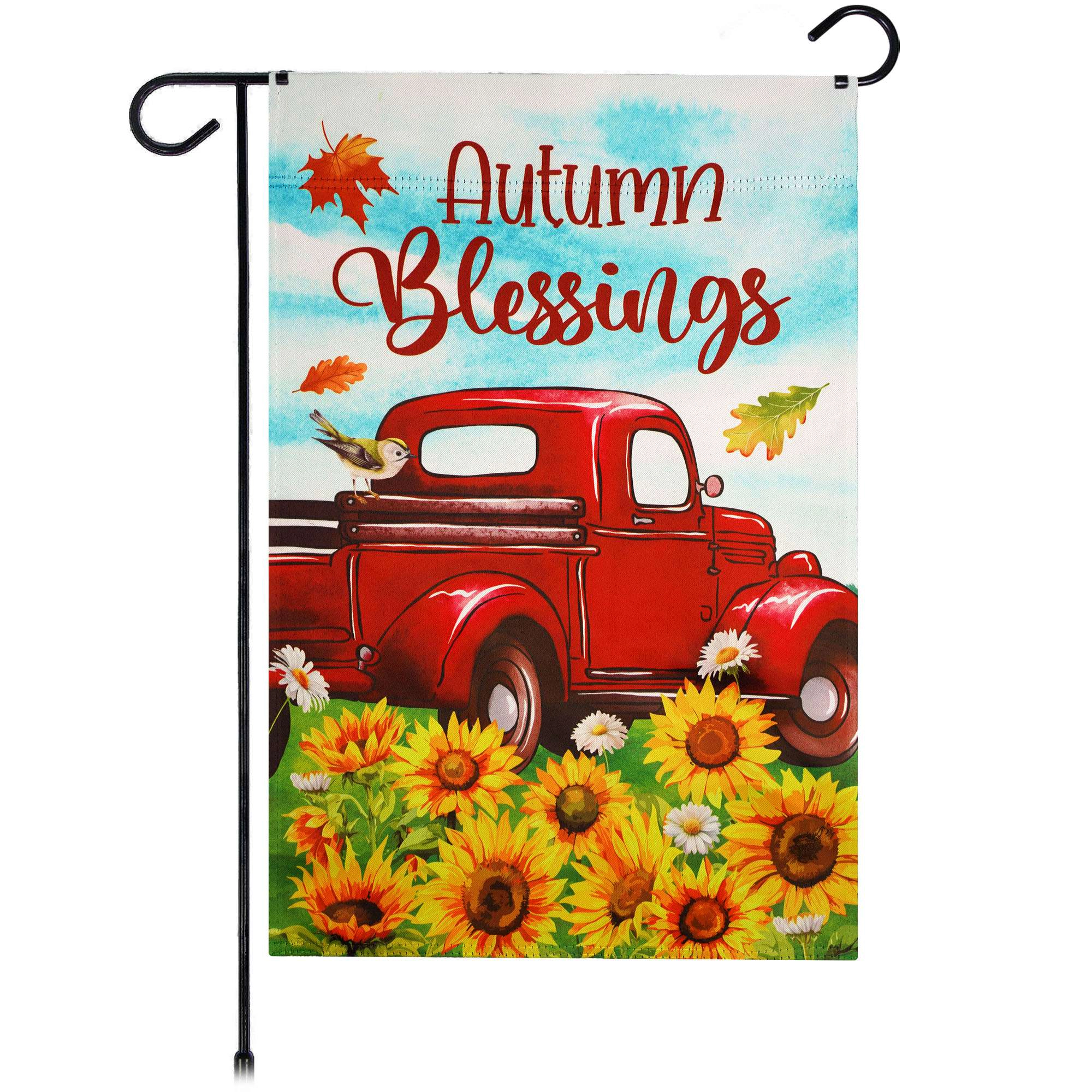 G128 Autumn Blessings Red Truck Sunflower Garden Flag 12x18, Double-Sided Fall Yard Decoration
