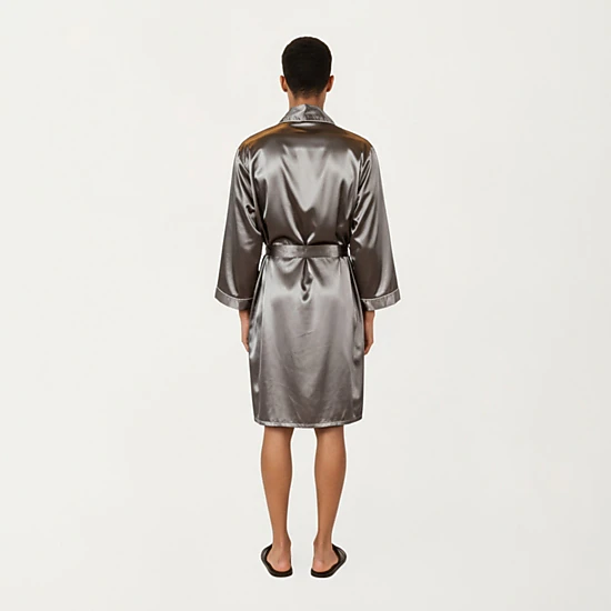 Anna-Kaci Men's Satin Robe with Shawl Collar Waist Tie and Front Pockets