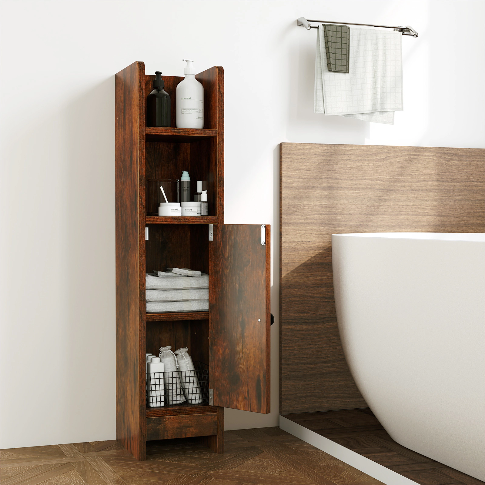 SUGIFT Slim Corner Bathroom Floor Cabinet with Door and Adjustable Shelf 31.5-in Tall 44-lb Capacity Rustic Brown