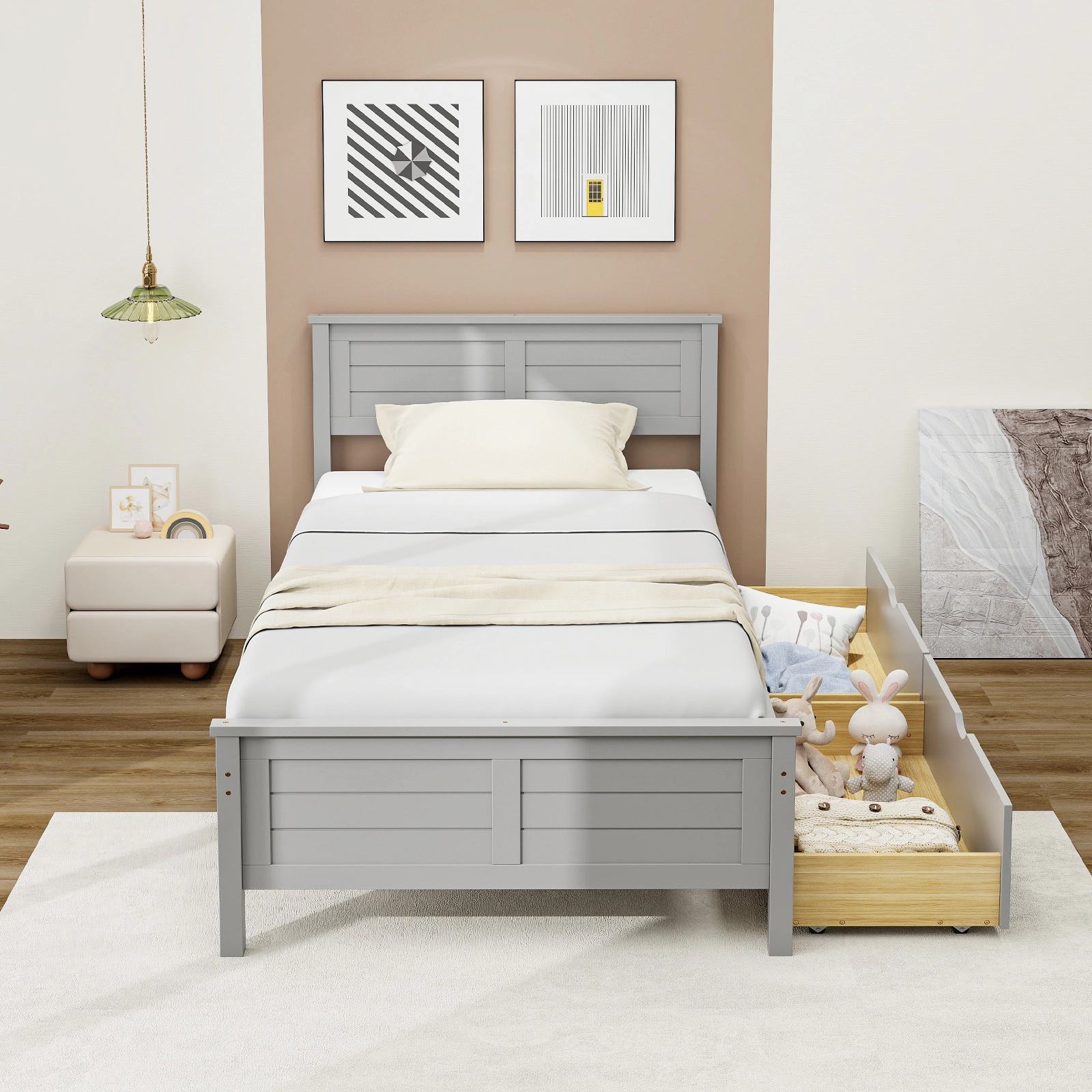 Twin Size Bed Frame with 2 Deep Storage Drawers Gray Wood Platform Bed with Headboard Footboard