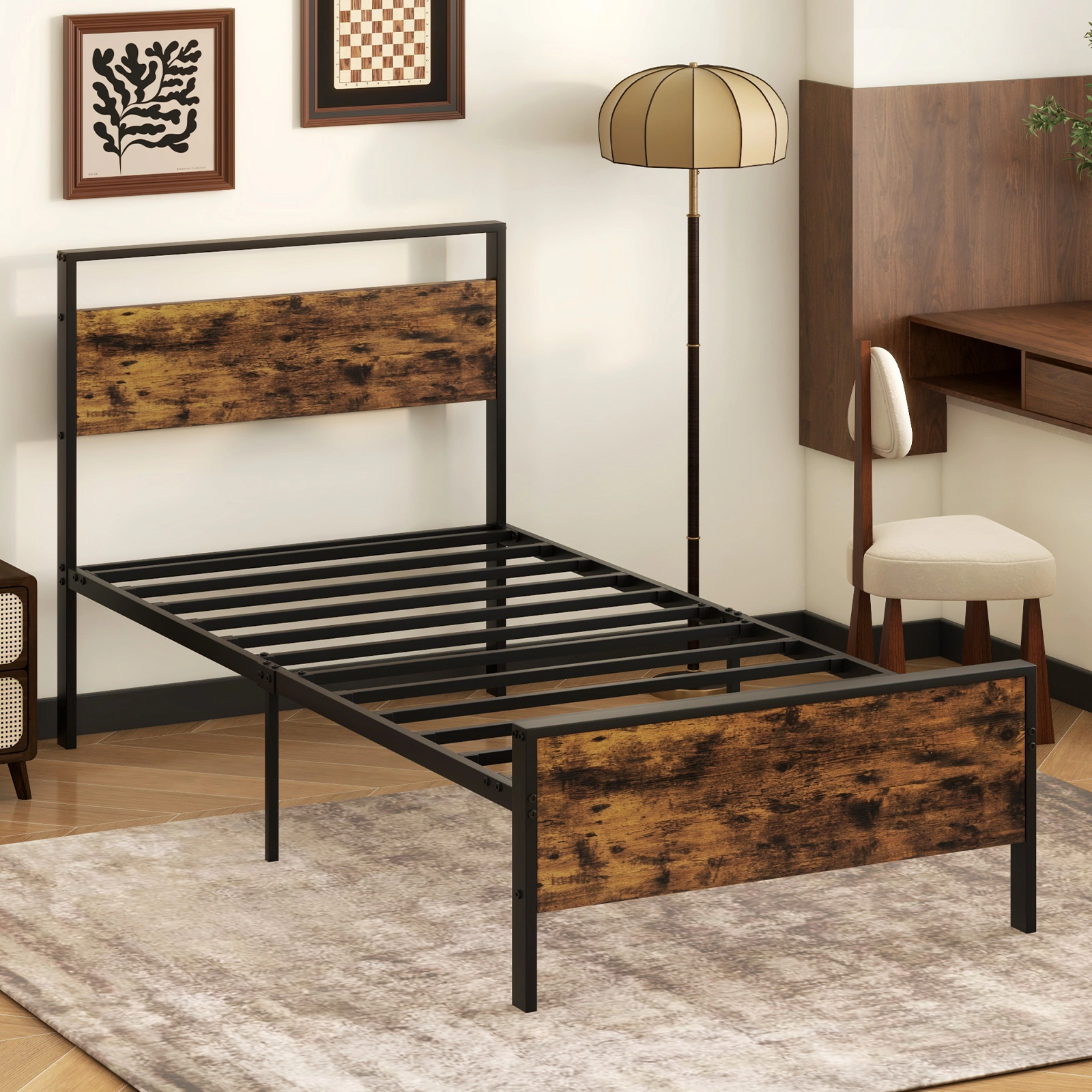 SUGIFT Twin Industrial Metal Platform Bed, Rustic Brown Wood Panels, 480-lb Capacity