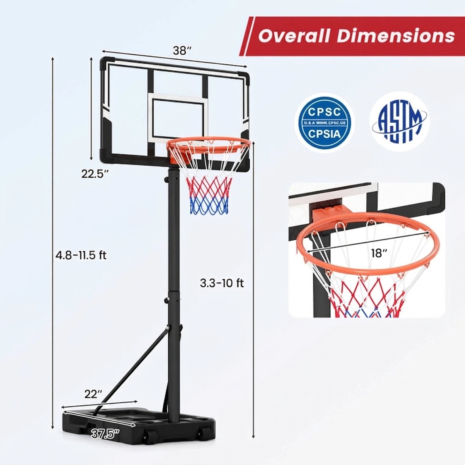 SUGIFT 18-Level Adjustable Portable Basketball Hoop 3.3-10 ft with Fillable Base and Wheels Black & White