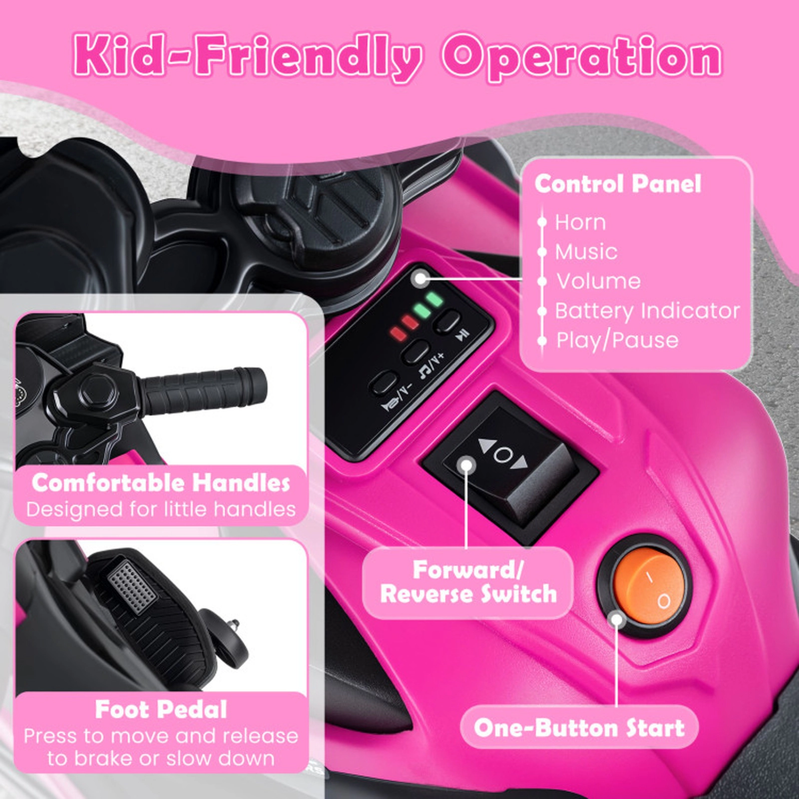 SUGIFT Pink Headlights Music and Detachable Training Wheels 6V Kids Motorcycle