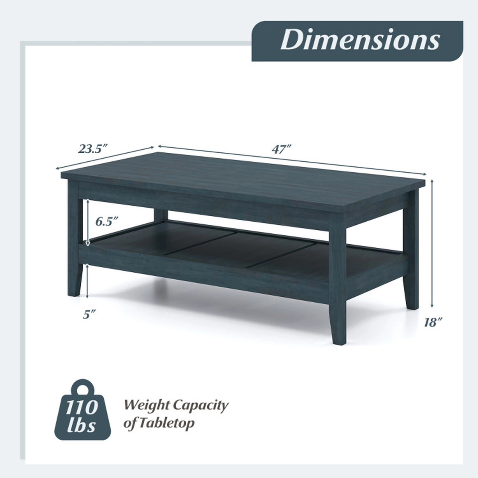 SUGIFT 47-in 110-lb Capacity Farmhouse Rustic Blue Coffee Table with Thickened Tabletop and Open Lower Shelf