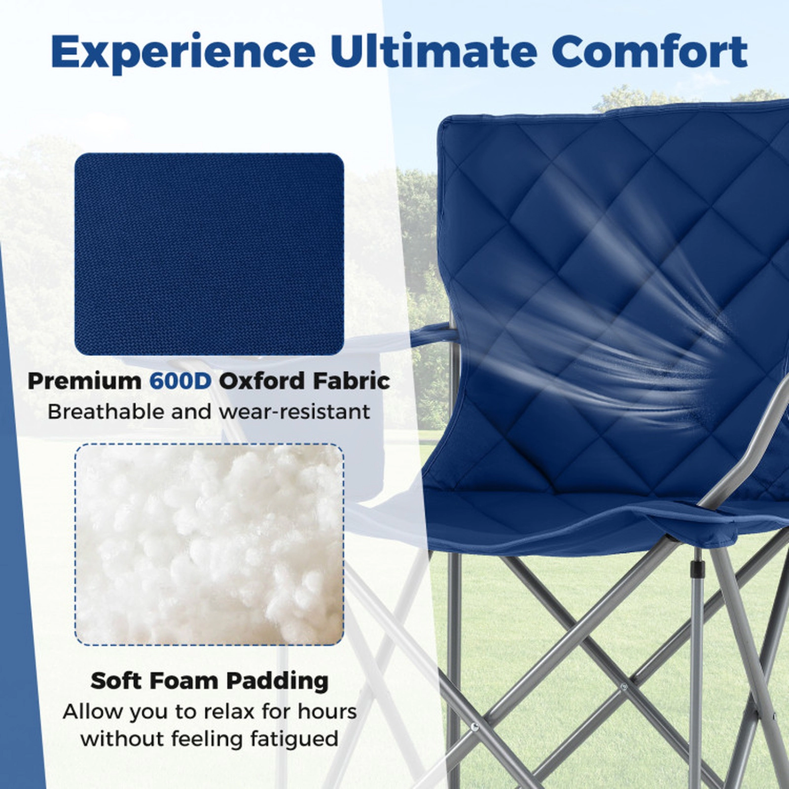 SUGIFT Oversized Folding Camping Chair with Cooler Pouch and Cup Holder 500-lb Capacity 38-in Tall Navy Gray, 1 Chair