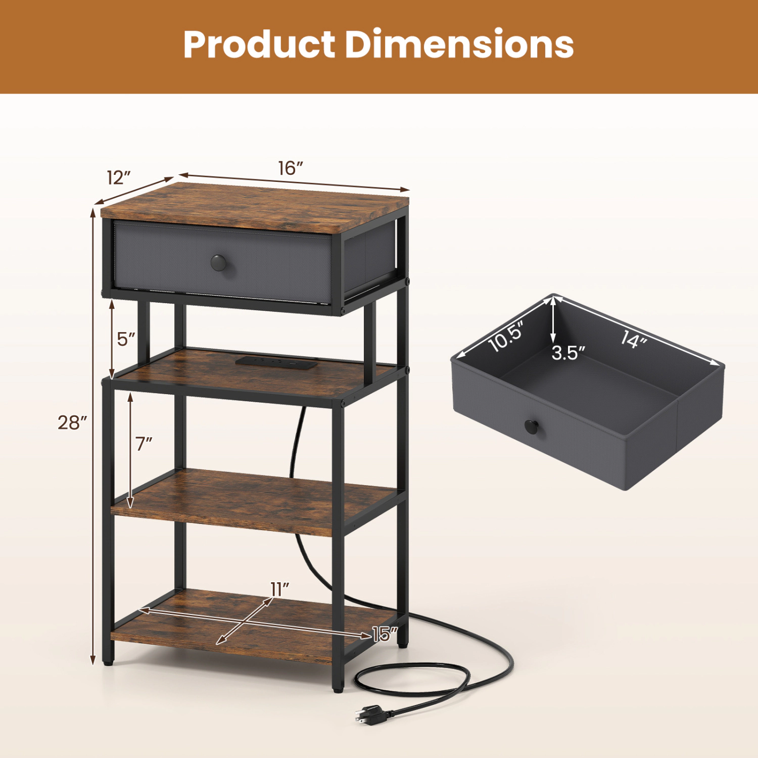 Hivvago Set of 2 Nightstand with Charging Station 28 Inch Tall Bedside Table with Fabric Drawer