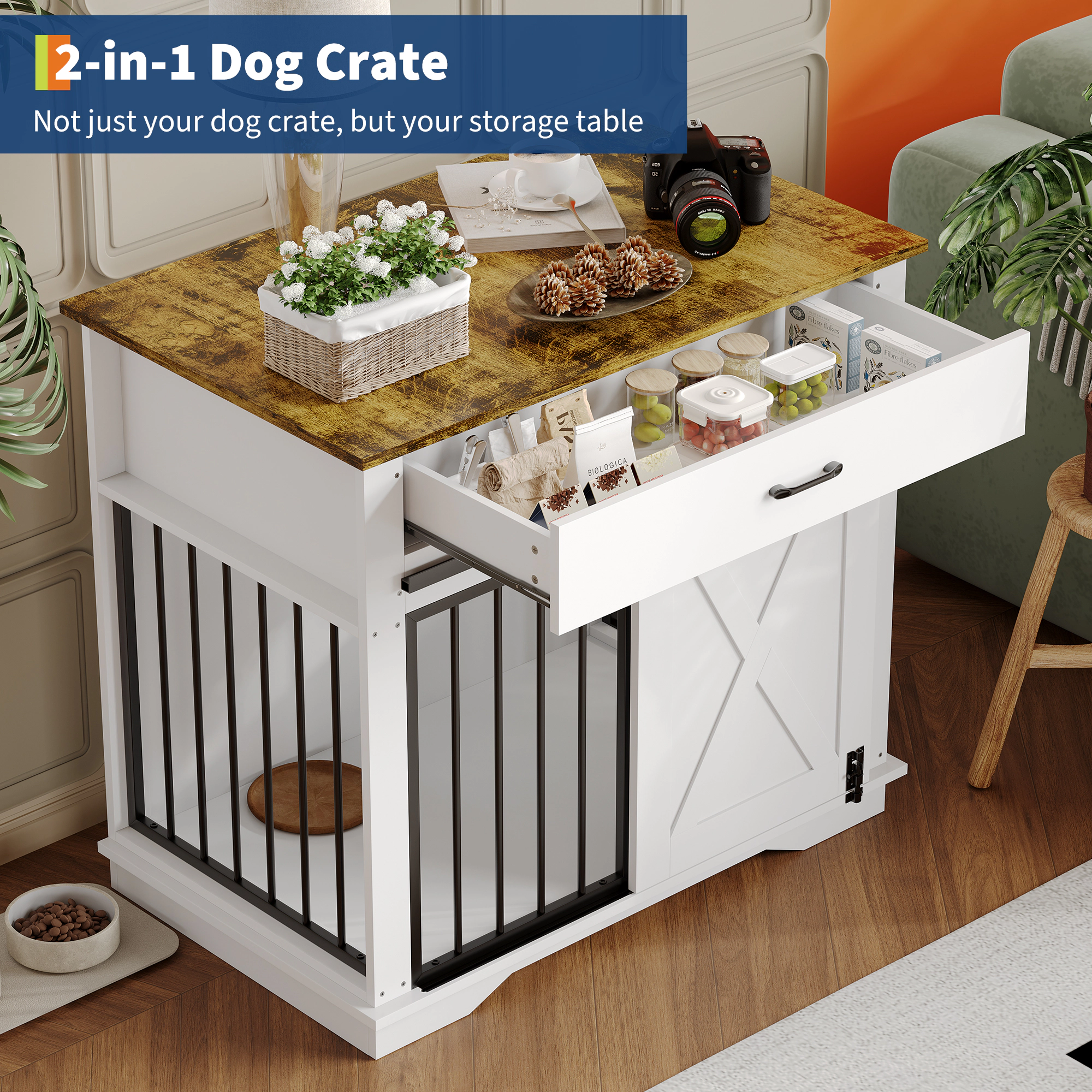 38" Farmhouse Style Dog Crate Furniture with Sliding Barn Door, Storage Drawer & Pet Cage Side Table