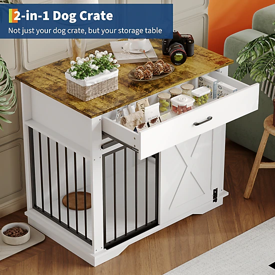 38" Farmhouse Style Dog Crate Furniture with Sliding Barn Door, Storage Drawer & Pet Cage Side Table