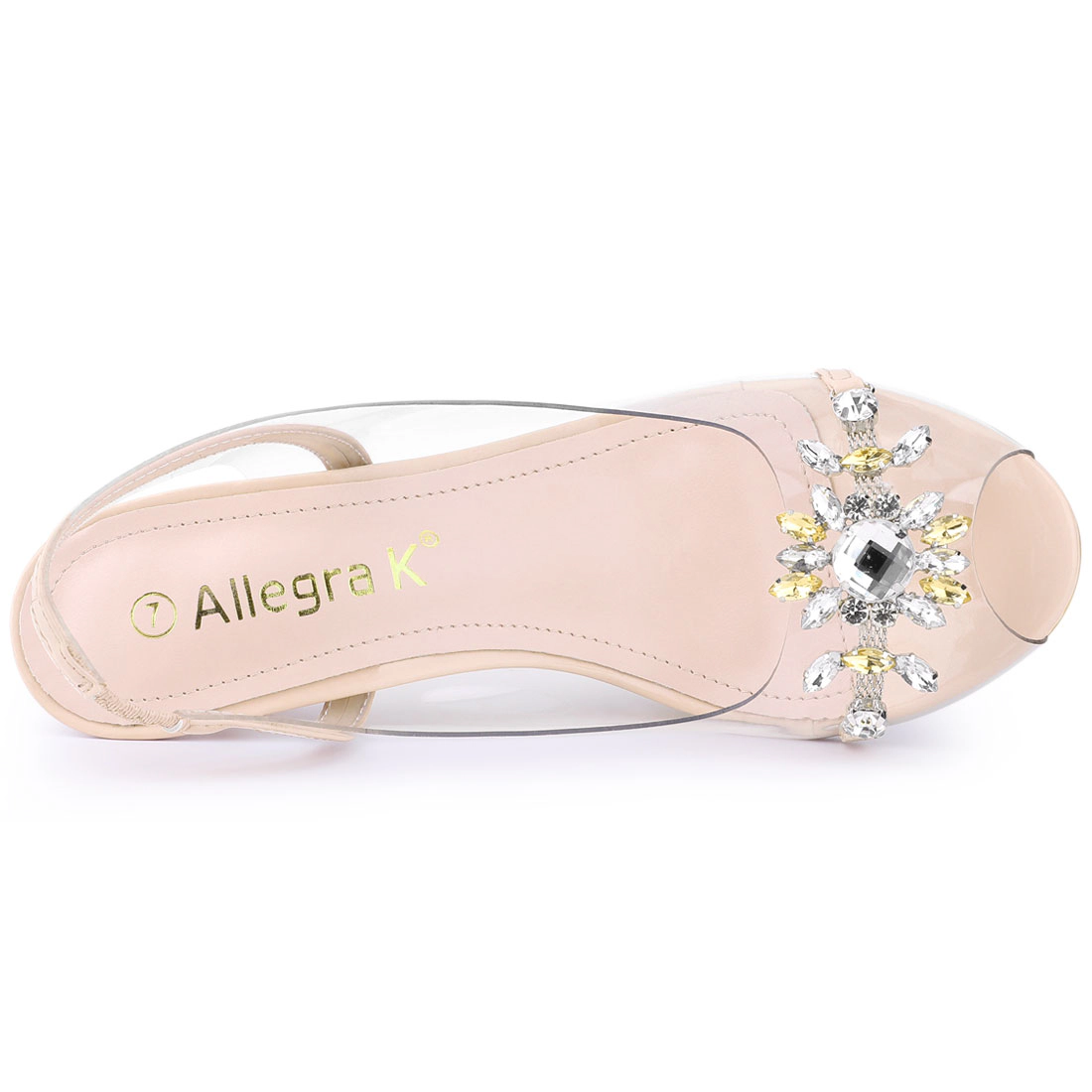 BLISSFUL STEP Women's Clear Slingback Flower Rhinestone Peep Toe Heels Sandals