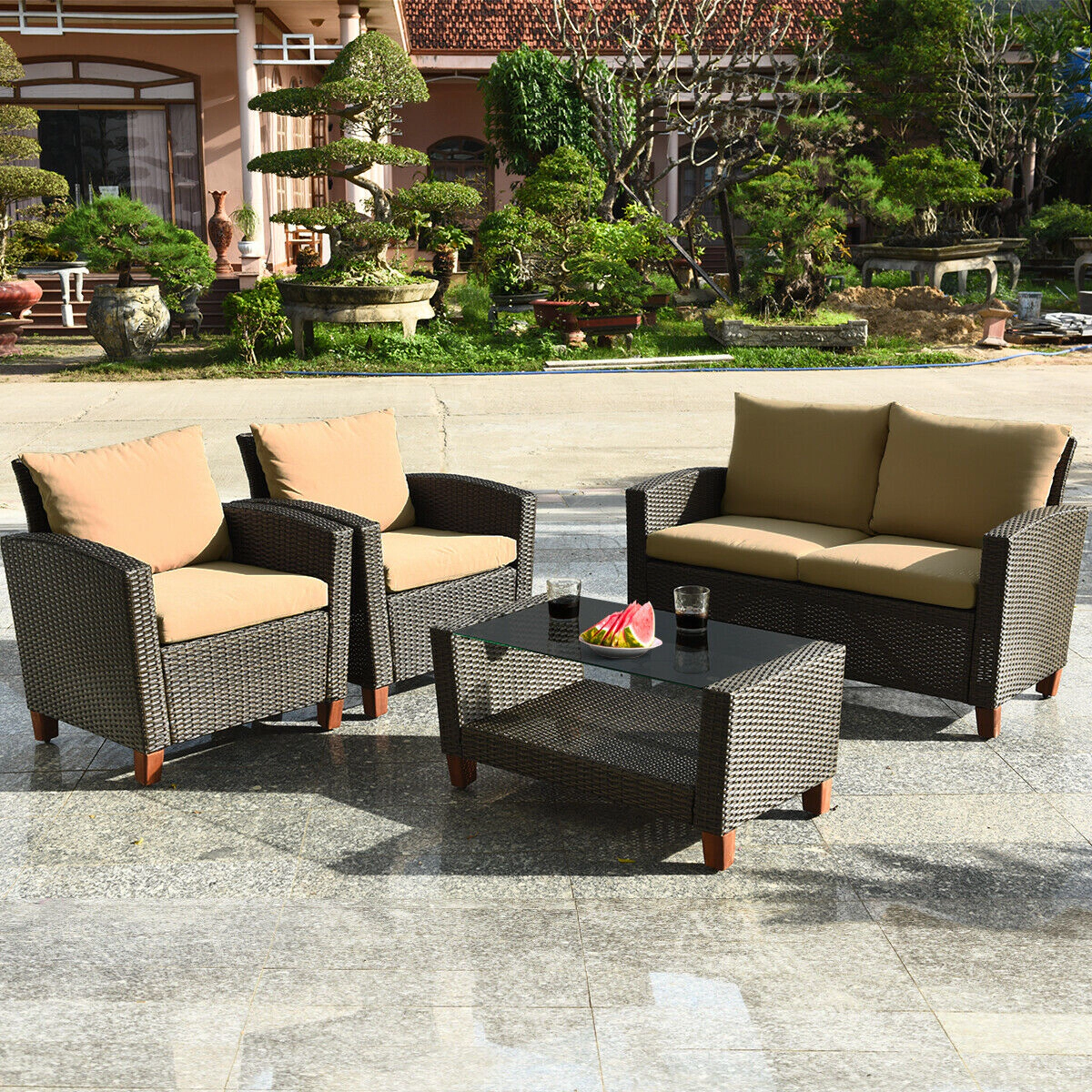 LJG 4 Pieces Patio Rattan Furniture Set with Cushions