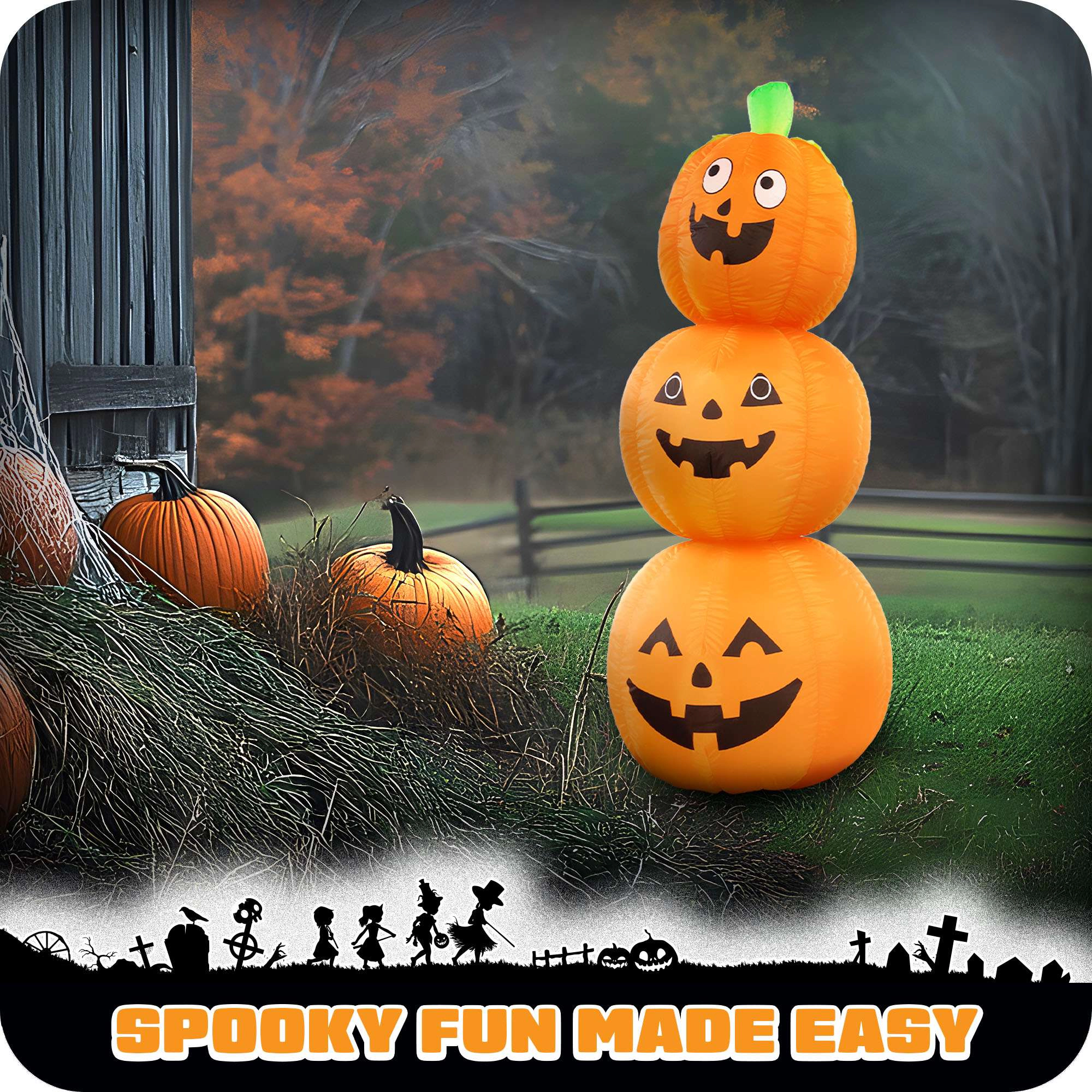 G128 4 ft Stacked Pumpkin Halloween Inflatable with LED Lights - Weather-Resistant Outdoor Yard Decoration