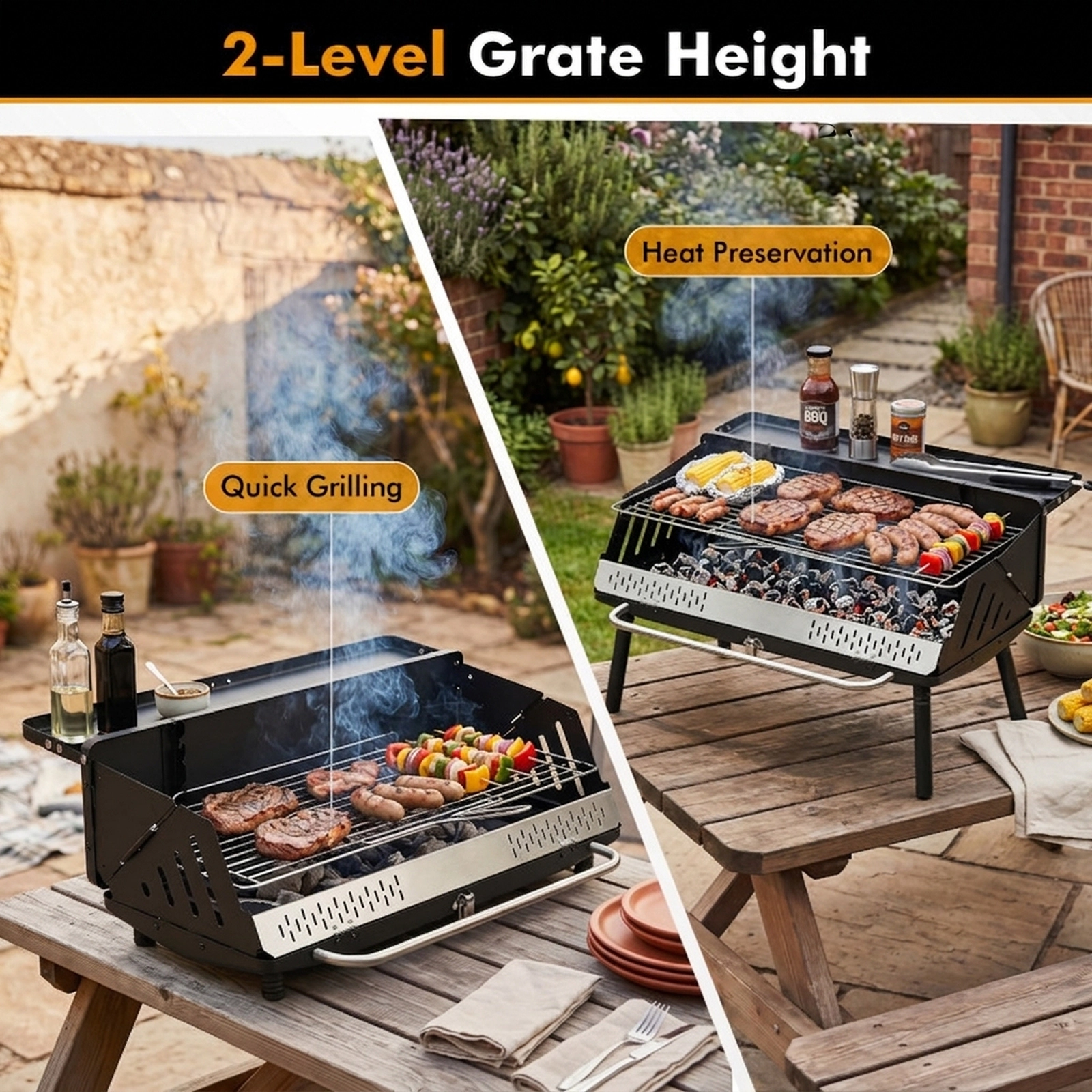 SUGIFT Portable Black Folding Charcoal Grill with Detachable Legs and Carrying Bag 32-in W 18.5-in D 33.5-in H
