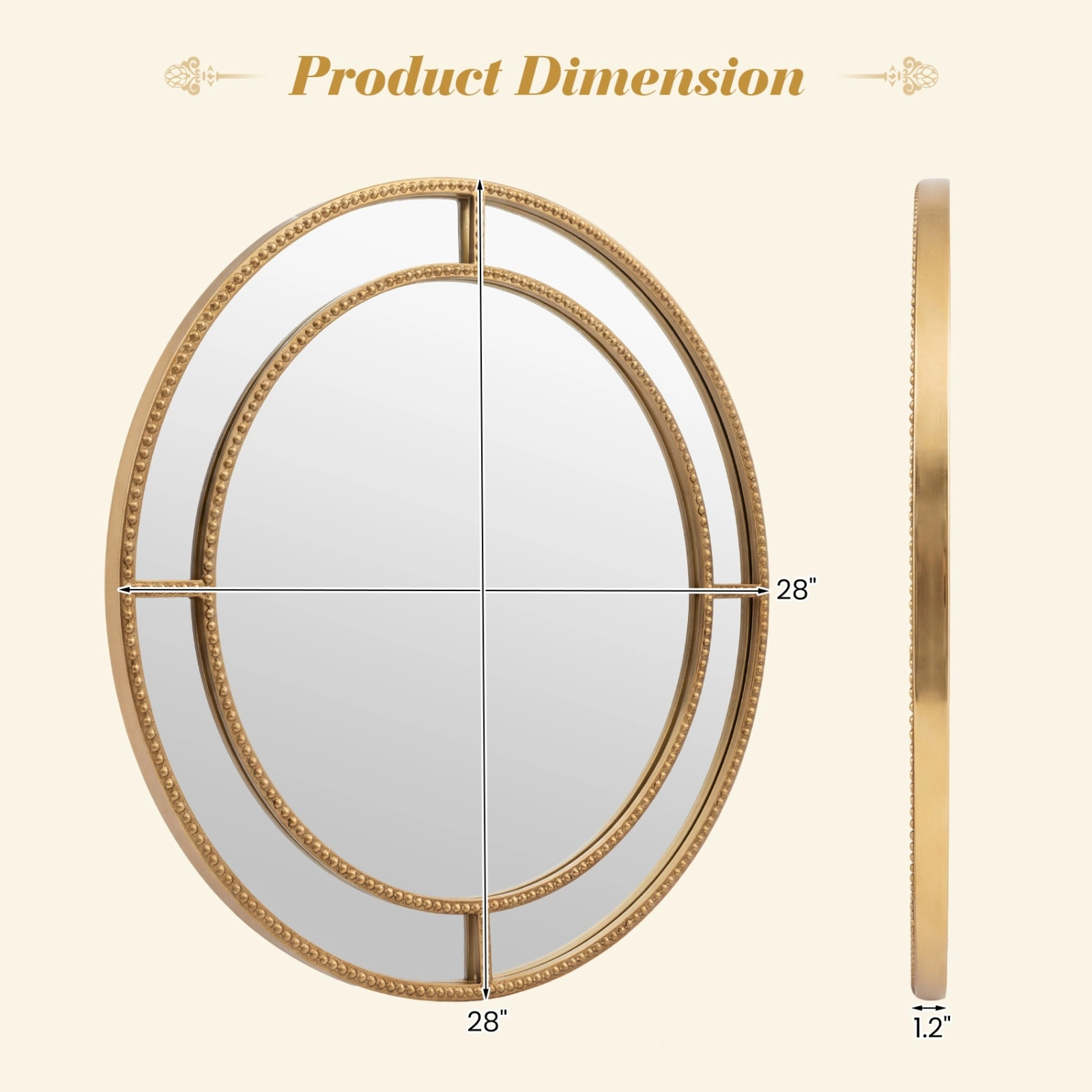 SUGIFT 28-in Round Wall Mirror Beaded Metal Frame MDF Backing Distortion-Free 28 x 1.2-in 13-lb 1-Piece Gold