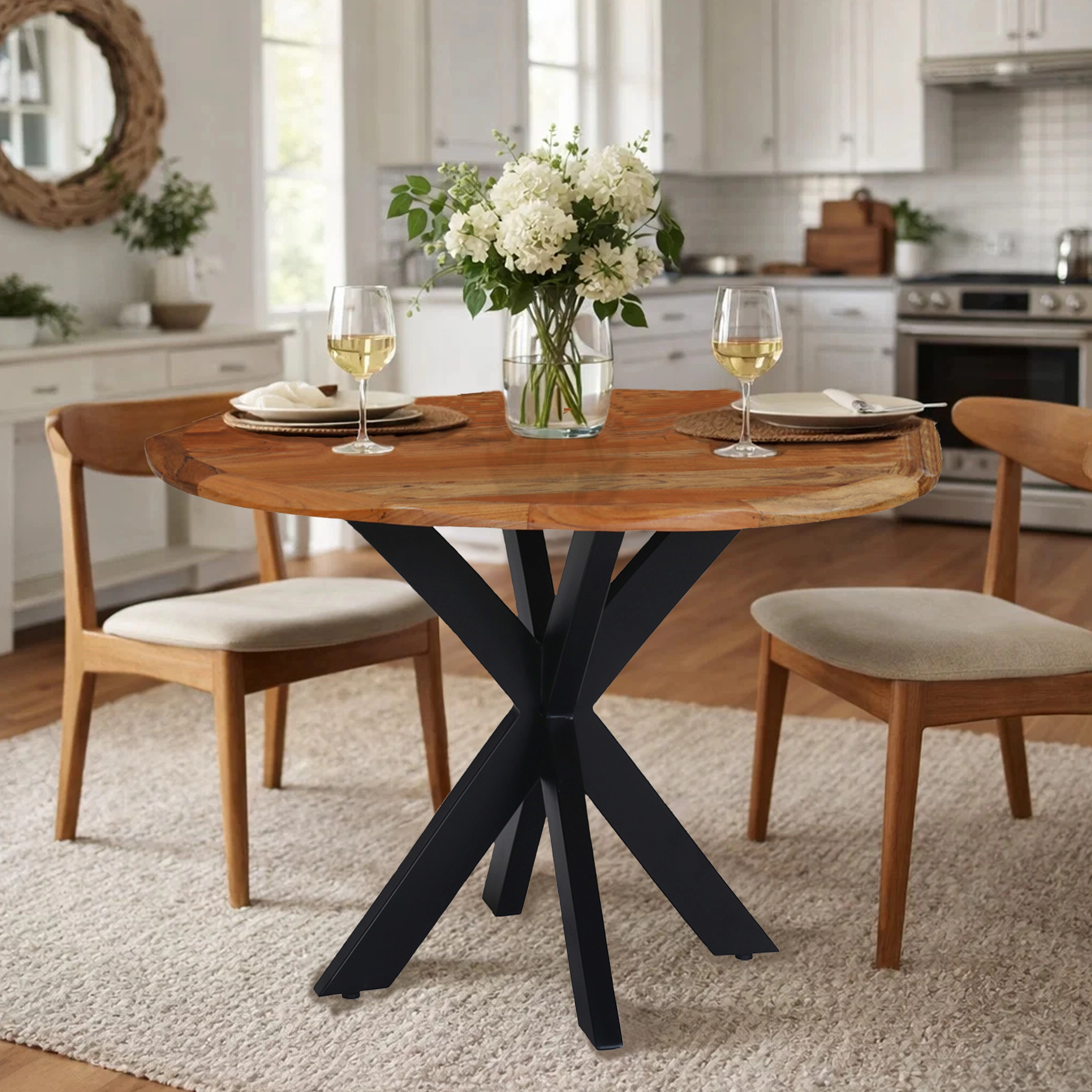 The Urban Port 41 Inch Handcrafted Live Edge Round Dining Table with a Natural Brown Acacia Wood Top and Black Iron Legs