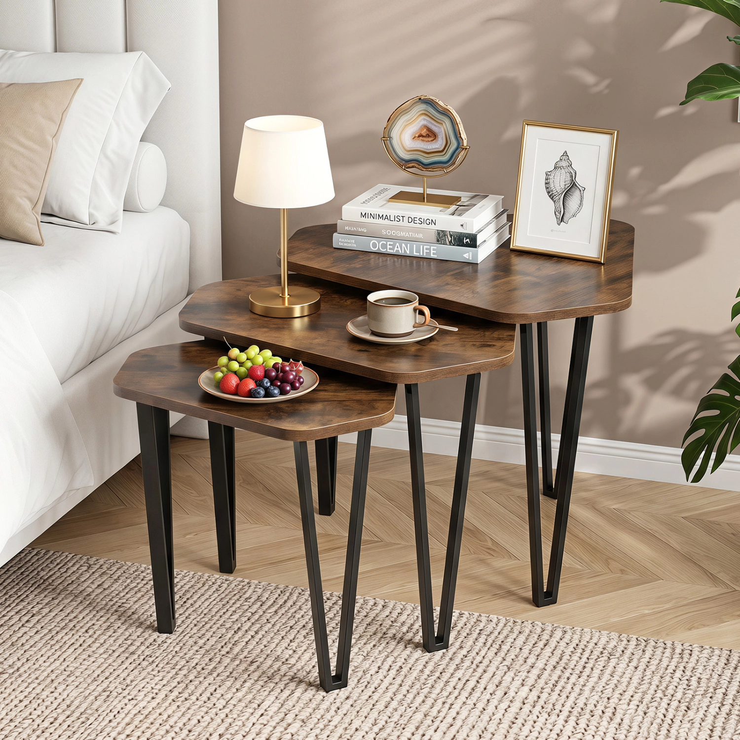 Glintex 3-Piece Nesting Table Set with Wood Tops and Industrial Metal Frames, Rustic Brown