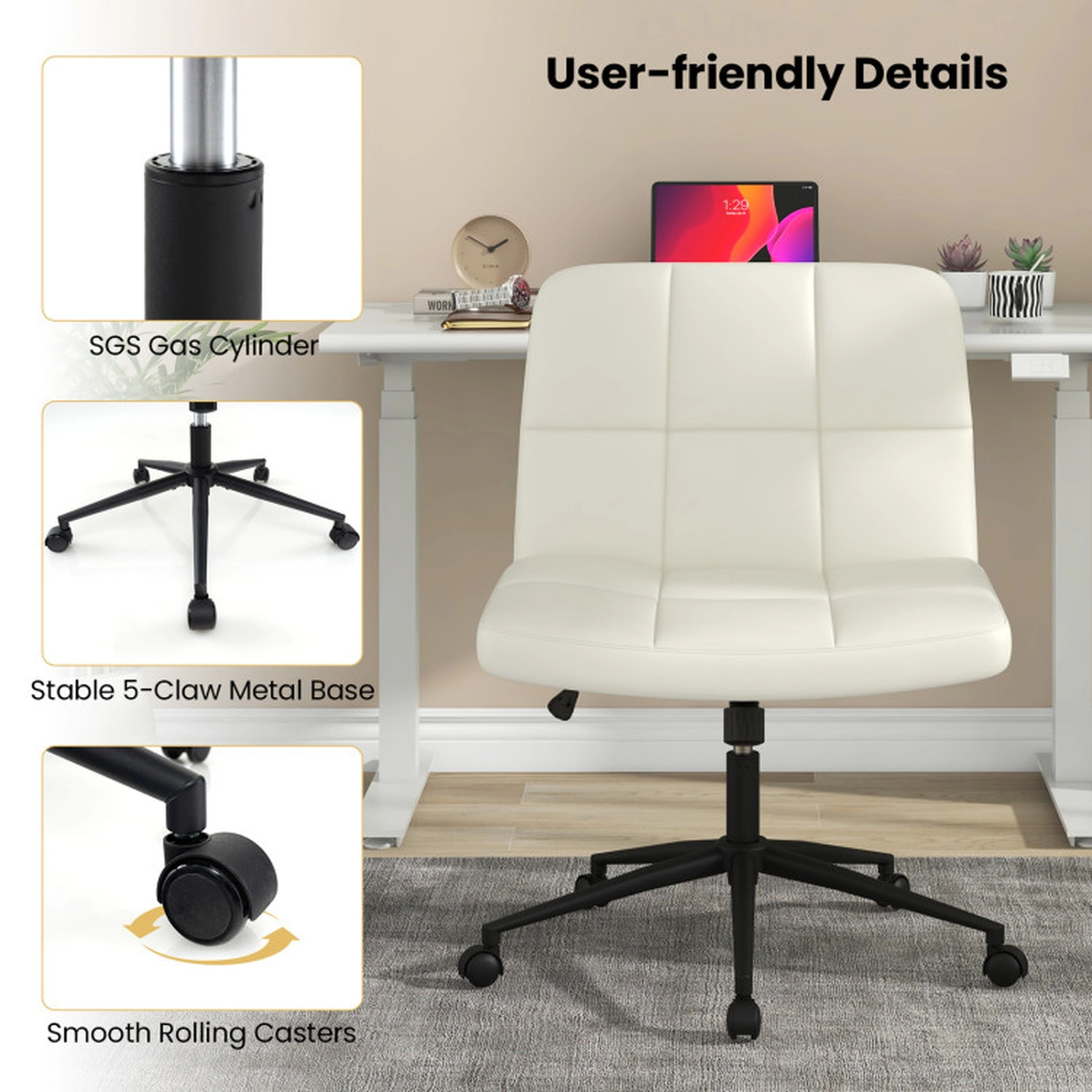 SUGIFT Oversize U-Shaped Cushion Armless Desk Chair with Rocking Mechanism 330-Lb Capacity Height-Adjustable Beige/Brown