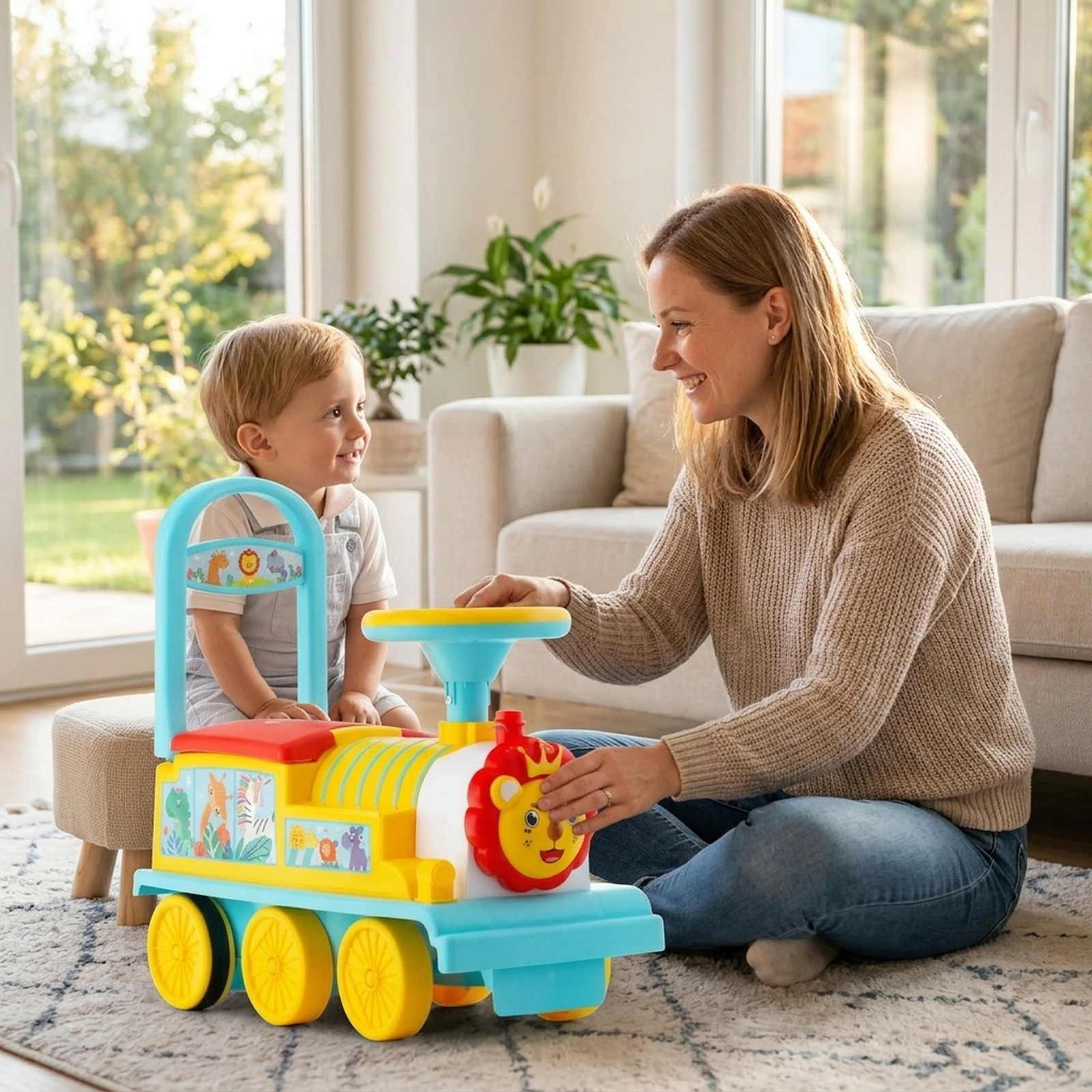 6V Kids Ride On Train 16-pc Track Forming a 7.2-ft Circle Anti-Tilt Device Retractable Footrests Ages 3+ Blue