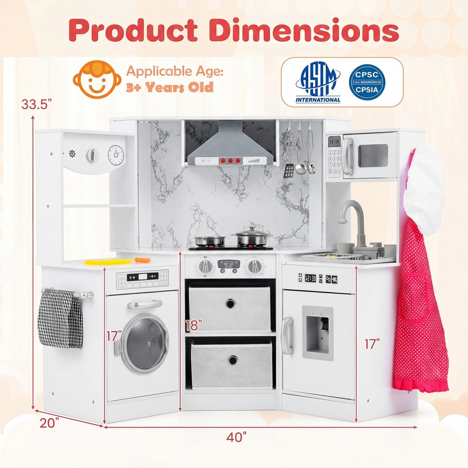 SUGIFT Wooden Kids Play Kitchen Playset White 40 in with Lights Sounds and Water Circulation