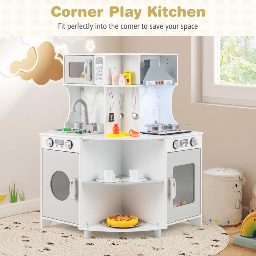 Hivvago Kids Corner Wooden Play Kitchen with Range Hood and Stoves-Gray