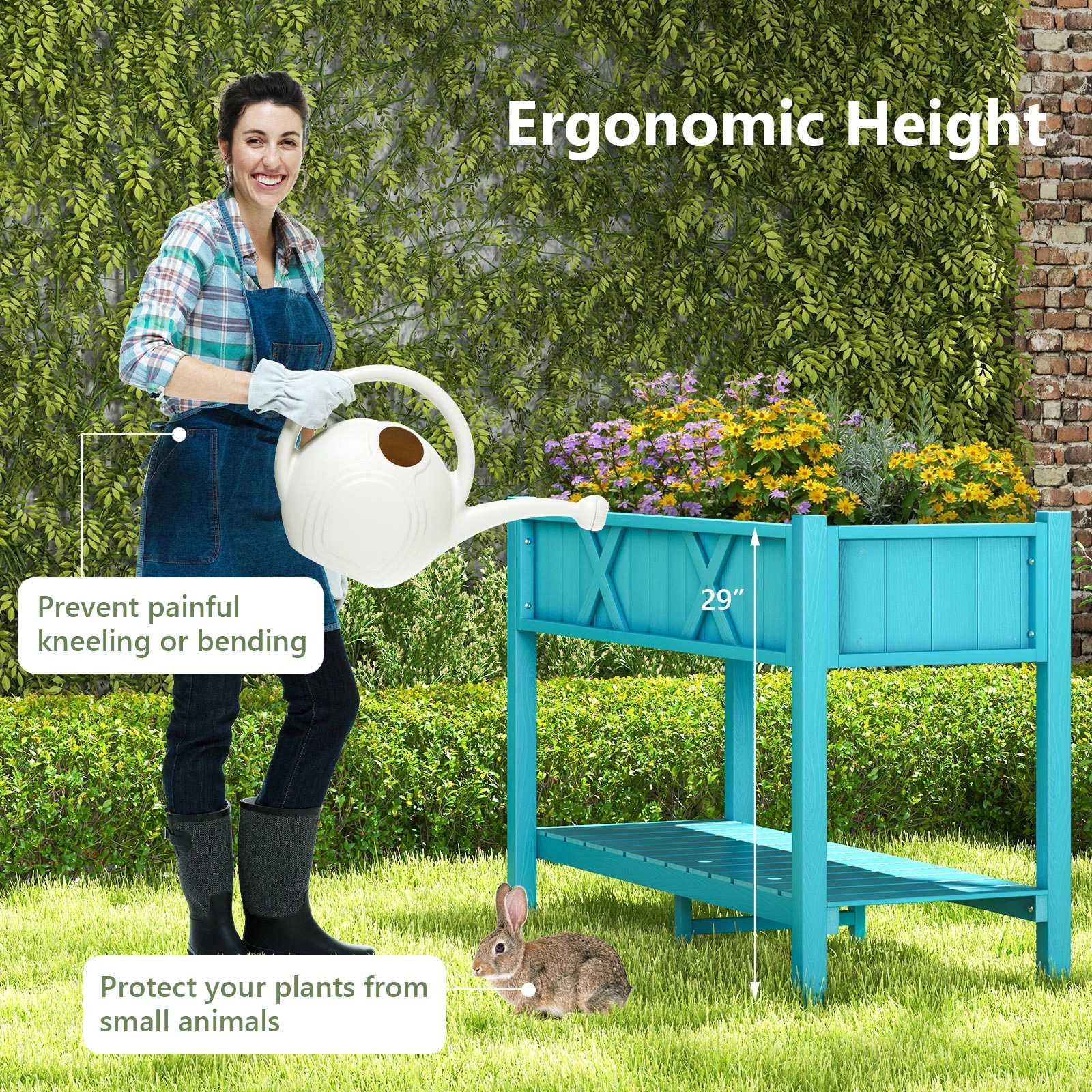 SUGIFT Poly Wood Elevated Planter Box with Legs and Storage Shelf 110-lb Planter 66-lb Shelf Blue