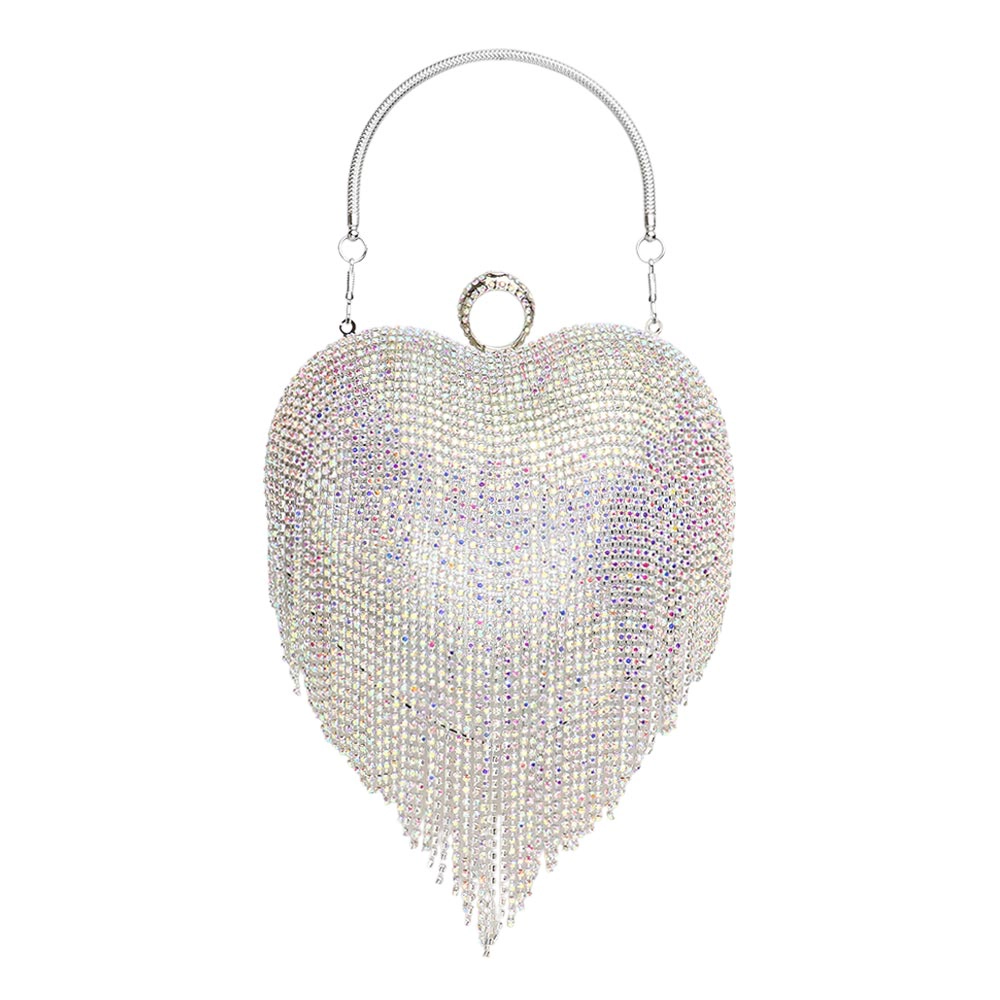Fashnzfab Rhinestone Fringe Heart Evening Tote Clutch Crossbody Bag
