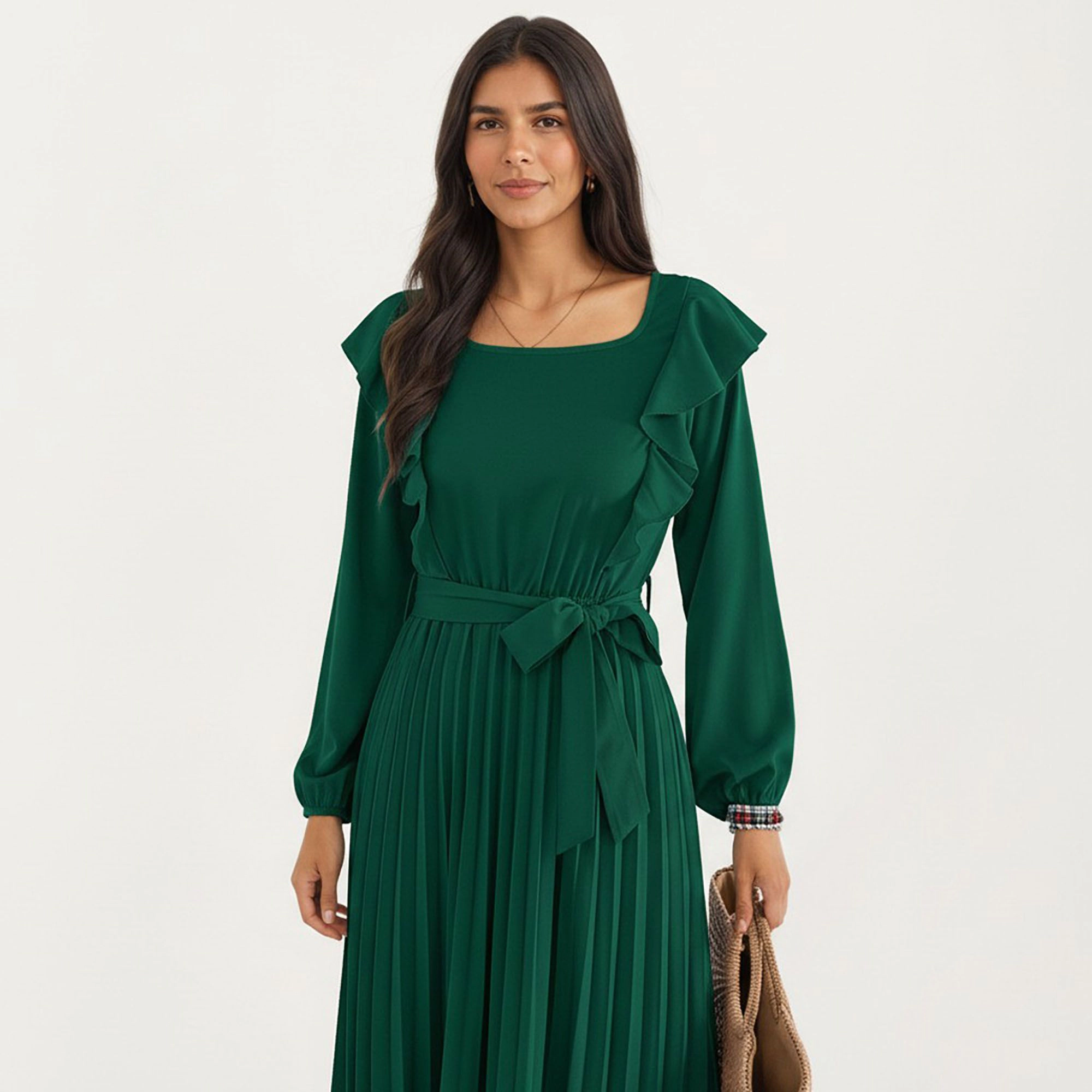 Anna-Kaci Women's Pleated Ruffle Shoulder Waist Tie Long Sleeve Dress