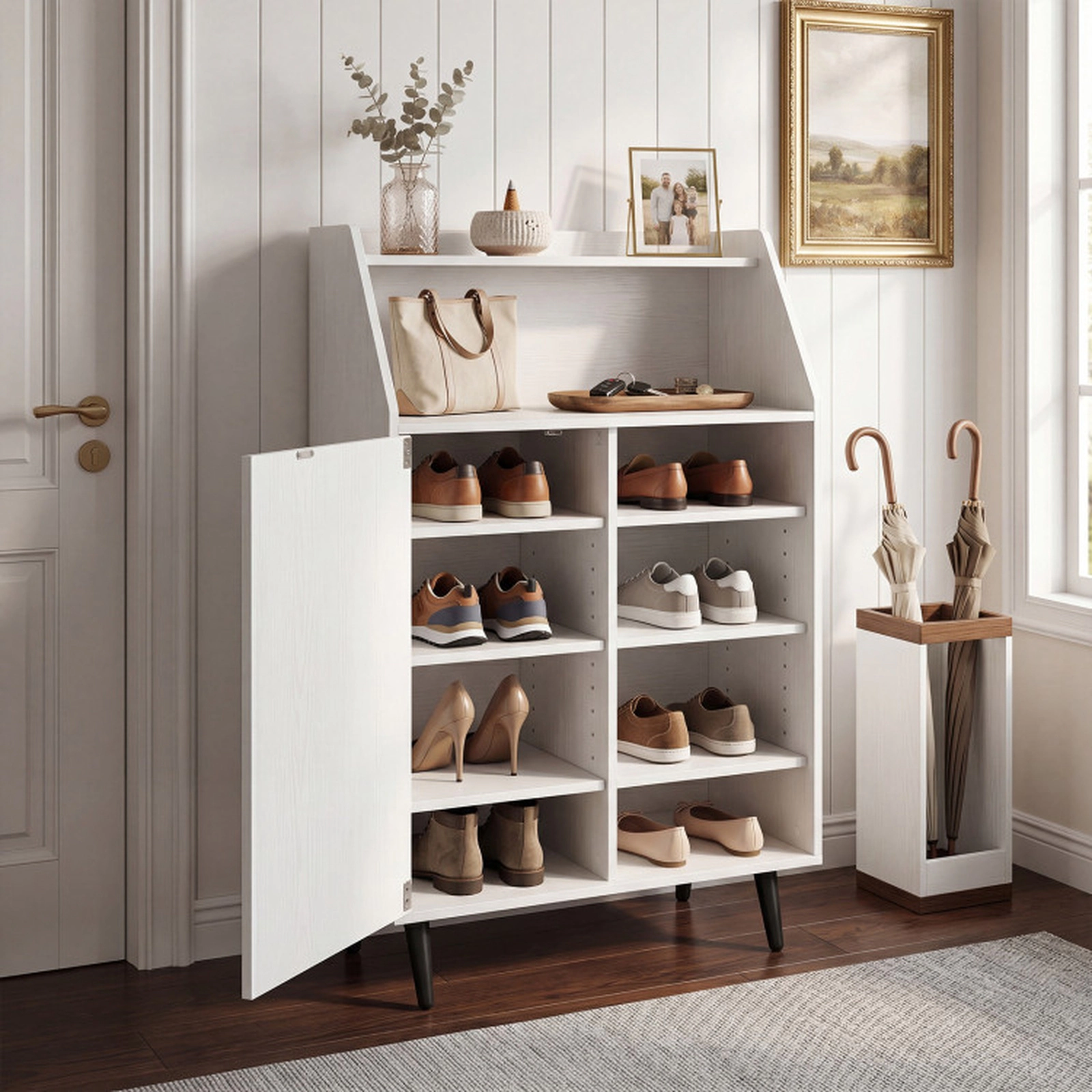 SUGIFT Shoe Storage Cabinet with 2-Tier Open Compartment and 4 Adjustable Shelves 44-lb Countertop Capacity White