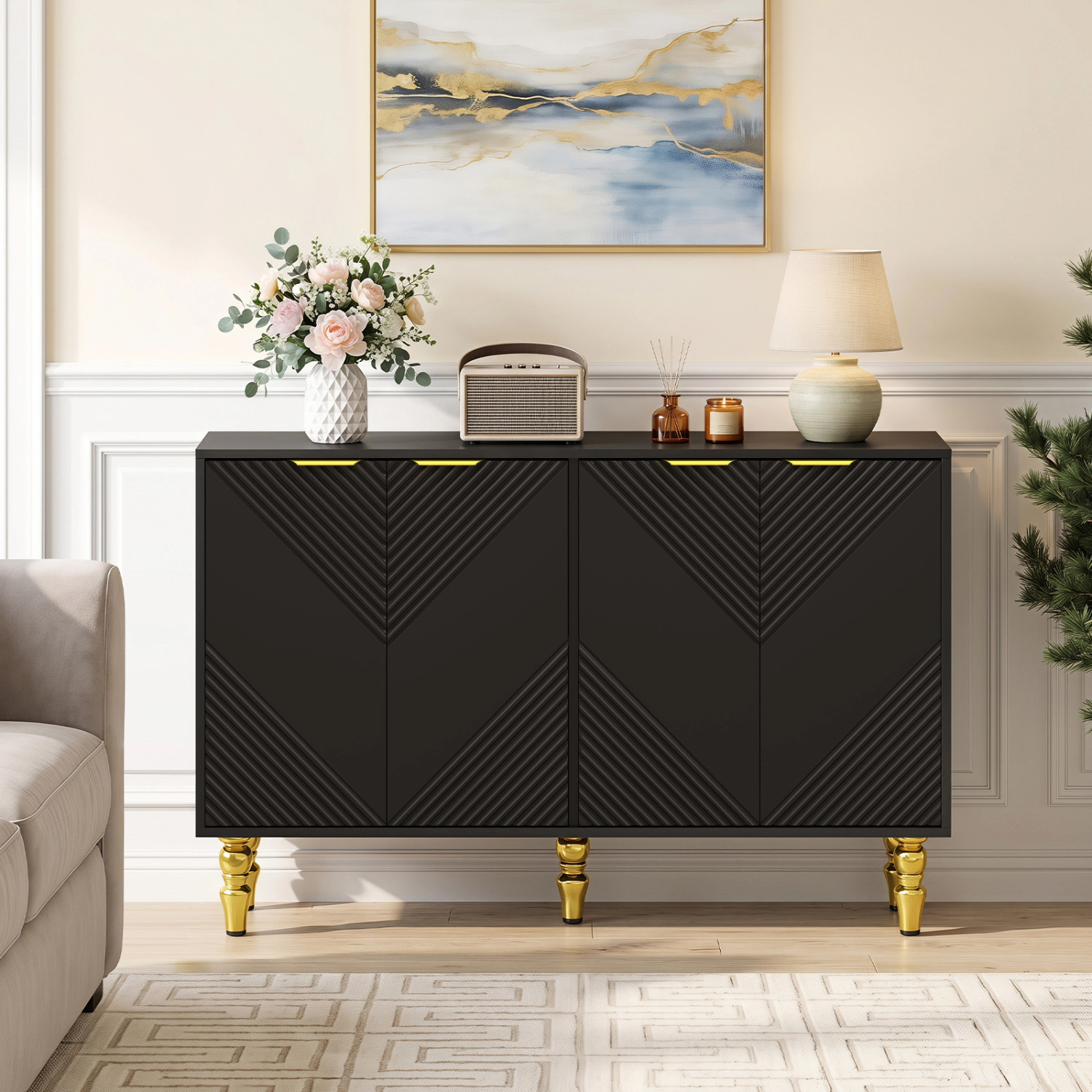 LJG 47" Sideboard Buffet Cabinet with 4 Chevron Fluted Doors & Anti-Toppling Devices for Kitchen