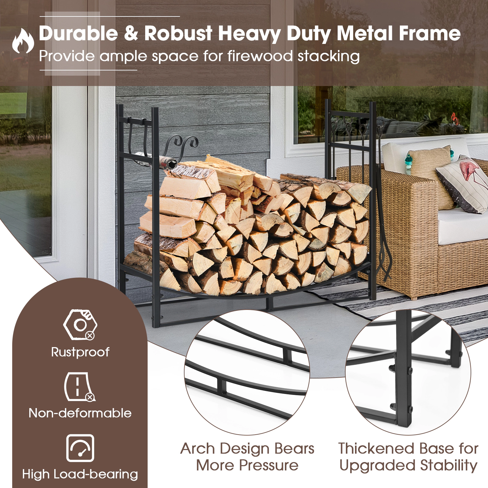 SUGIFT Heavy-Duty Steel Fireplace Log Rack with Kindling Holders and Tools 110-lb Capacity Black