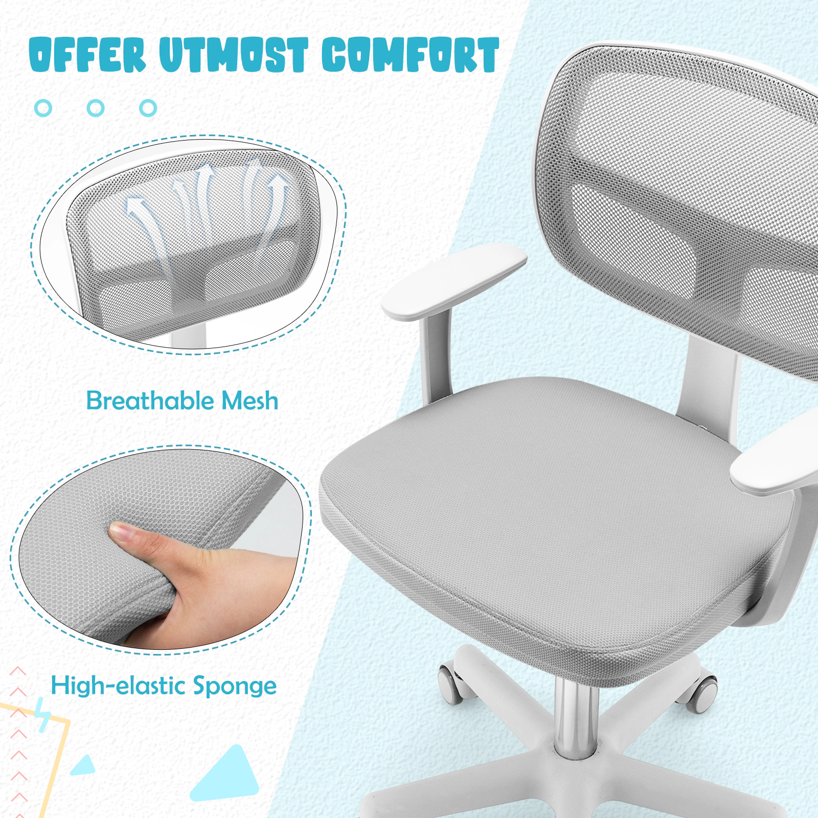 SUGIFT Ergonomic Adjustable Desk Chair Armrests & 5 Rolling Casters 330-lb Capacity for Kids Blue Pink Turquoise Purple