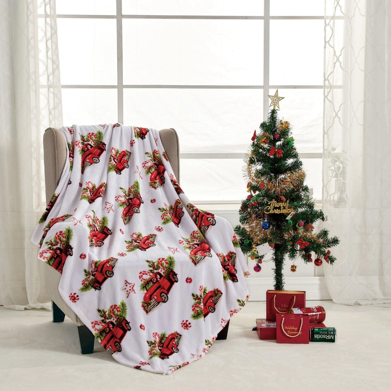 Plazatex Rustic Truck plush Decorative Christmas Machine Washable Throw 50" X 60" Red