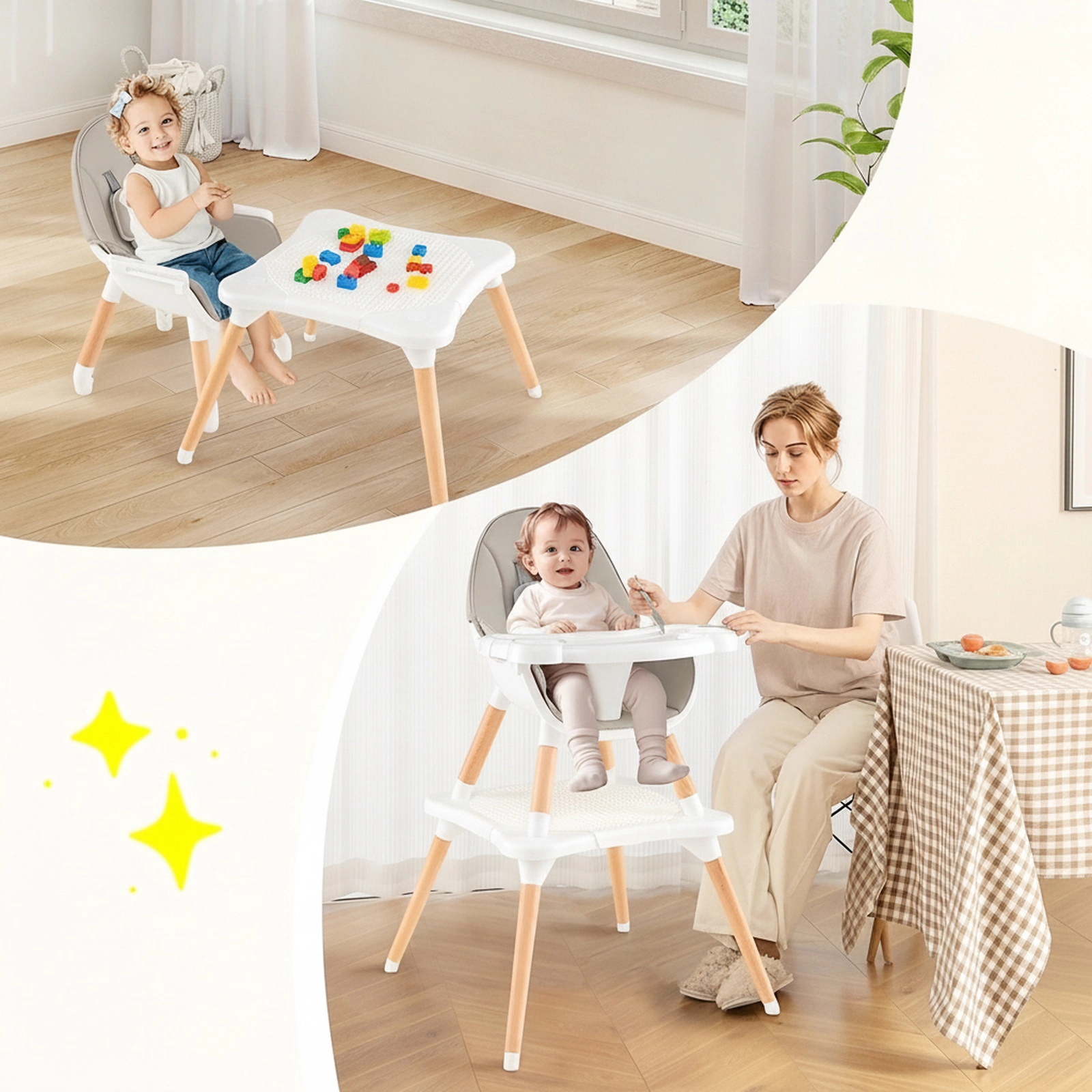 Convertible Birch Wood High Chair for Babies and Toddlers 4-Level Double Tray Grooved Block Tabletop Leg Release